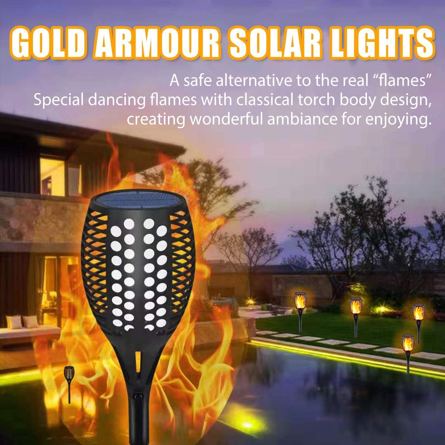 Gold Armour Solar Lights Outdoor - Flickering Flames Torch Lights Solar Light 42.9in Tall