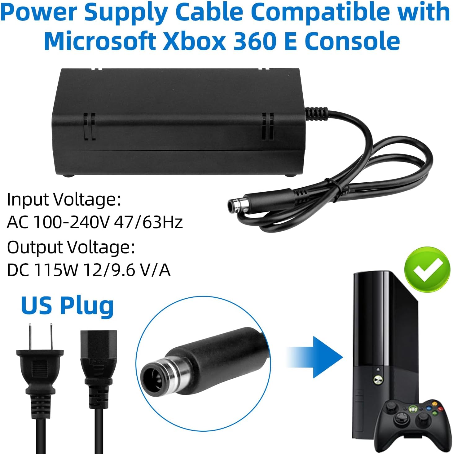 OSTENT US AC Adapter Charger Power Supply Cable Cord for Microsoft Xbox 360 E Console