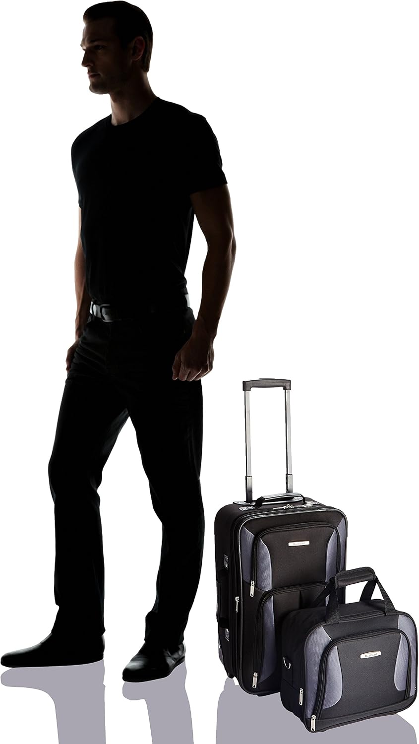 Rockland Fashion Softside Upright Luggage Set,Expandable, Telescopic Handle, Wheel, Black Dot, 2-Piece (14/19)