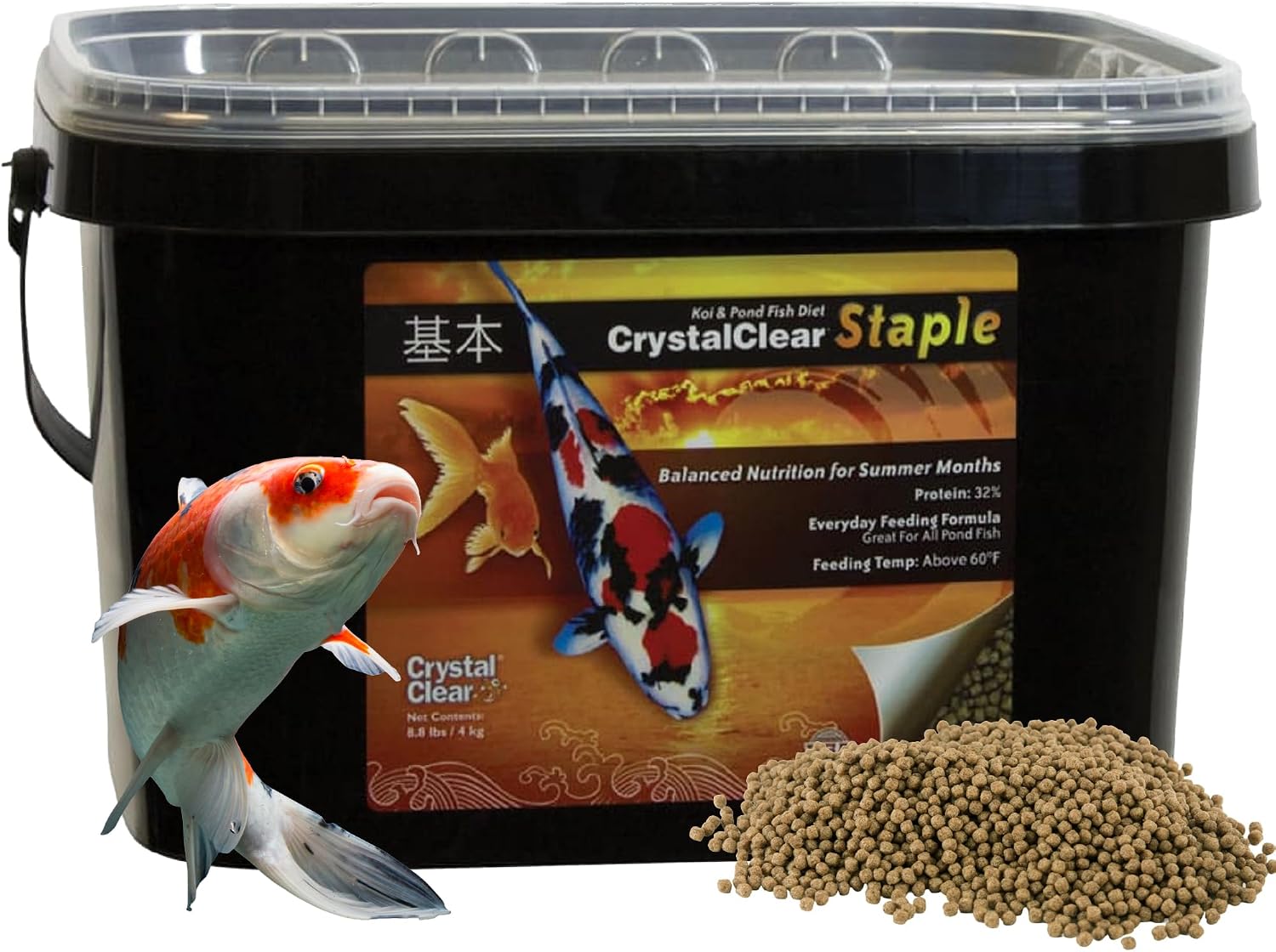 CrystalClear Staple Pond Fish Food for Koi & Goldfish, 8.8 Pound Bucket | Protein packed floating pellets for summer nutrition with easy digestion to support healthy growth and vitality