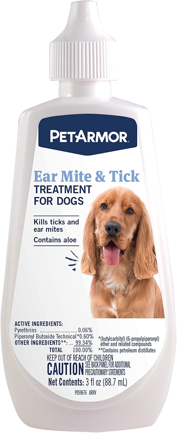 PetArmor Ear Mite Treatment for Dogs, 3oz | Ear Mite Medicine Kills Ticks and Ear Mites to Relieve Itchiness, Sooths Ears with Aloe