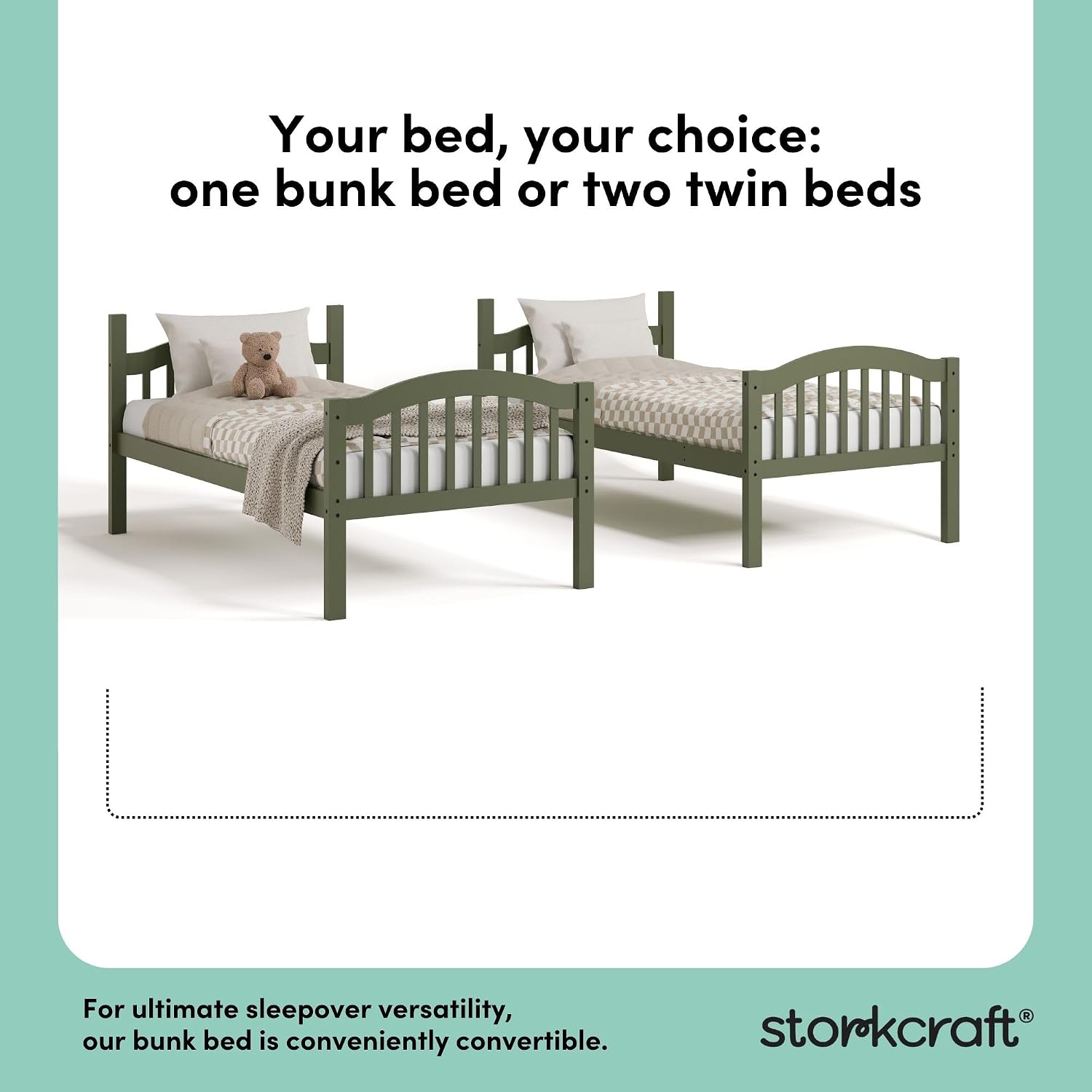 Storkcraft Long Horn Twin-Over-Twin Bunk Bed, White | GREENGUARD Gold Certified, Converts to 2 Individual Twin Beds, Wood Bunk Bed for Kids Bedroom, No Box Spring Required