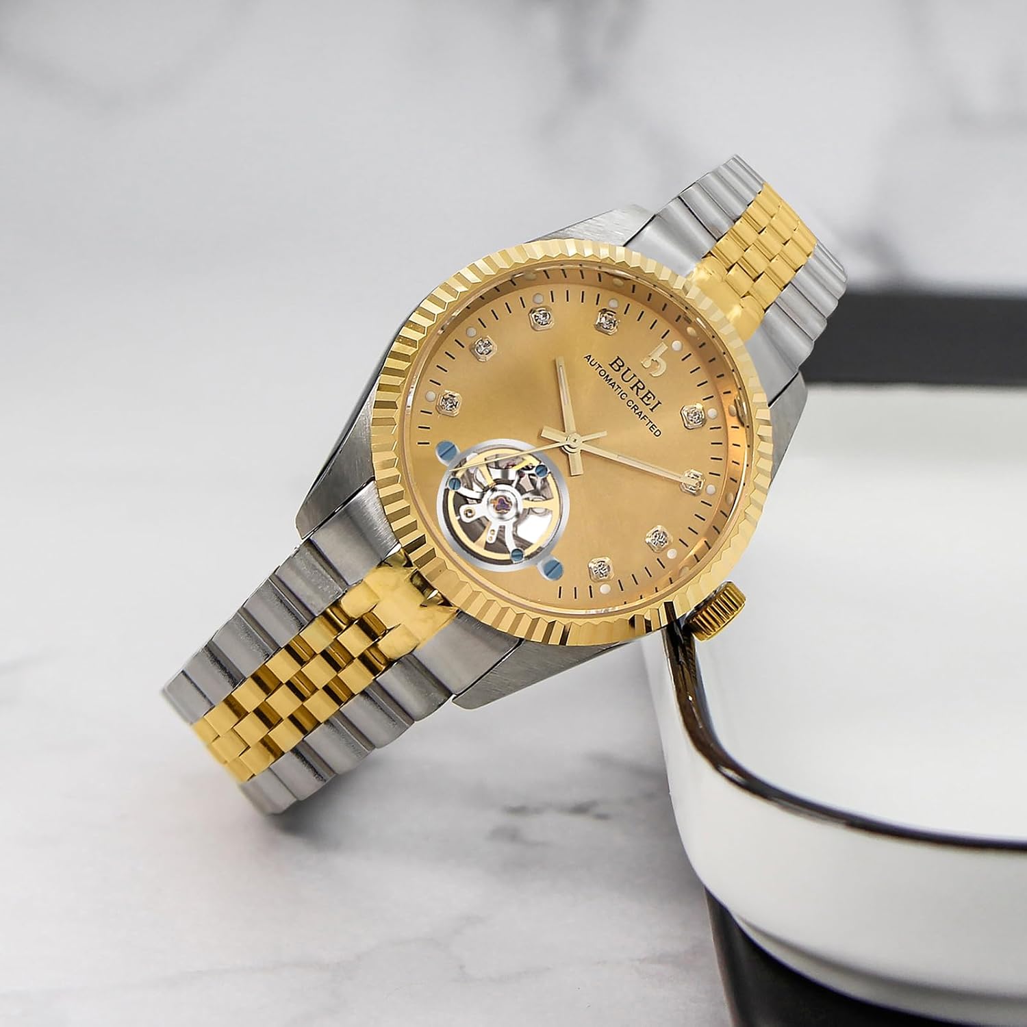 BUREI Men's Luxury Automatic Watch Fashion Waterproof Mechanical Watch, Adjustable Stainless Steel Two Tone Strap,Gift for Men