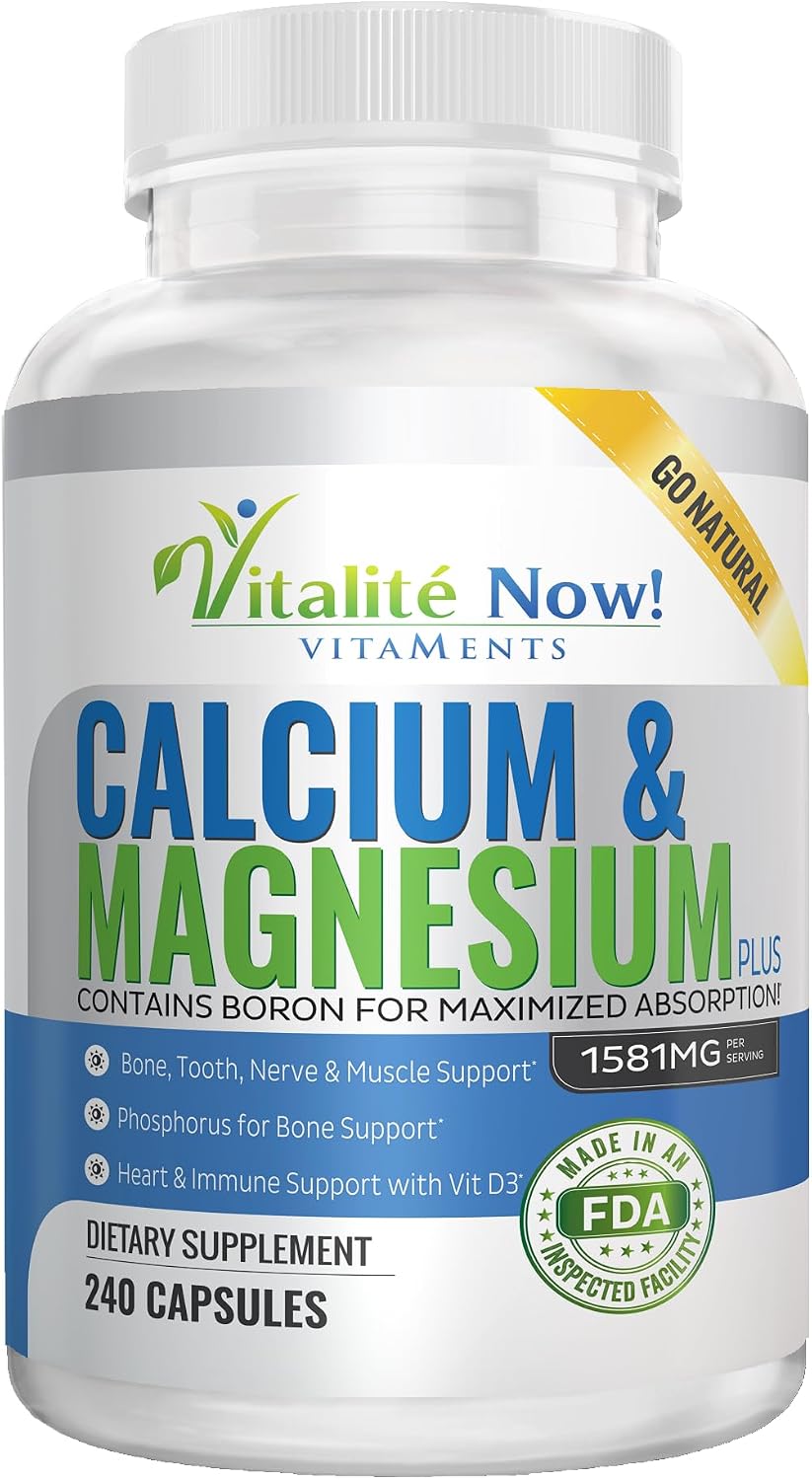 Vitalité Now! Calcium Magnesium Supplement 1000mg with Vitamin D | 10 Forms of Calcium for Maximum Absorption - Bone Strength Support with Boron