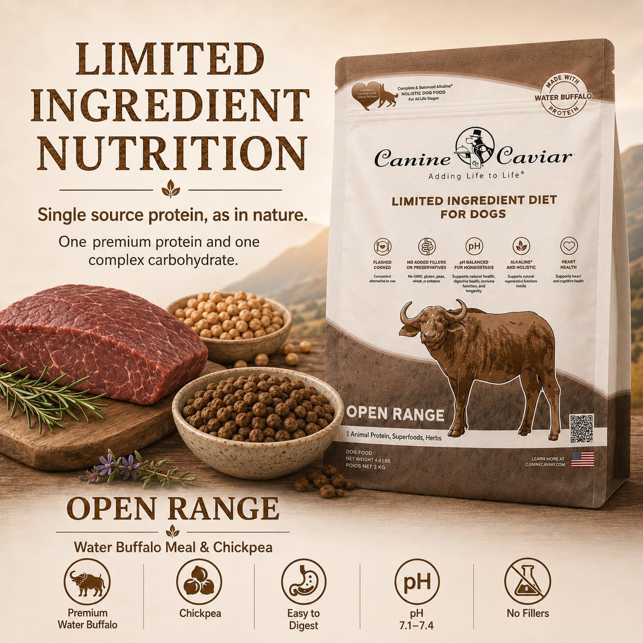 Canine Caviar - Open Range: Water Buffalo & Chickpea Alkaline Dry Dog Food, Limited Ingredients, Gluten-Free, Based on Science & Research, Veterinary Alternative Diet (22 Pound Bag)
