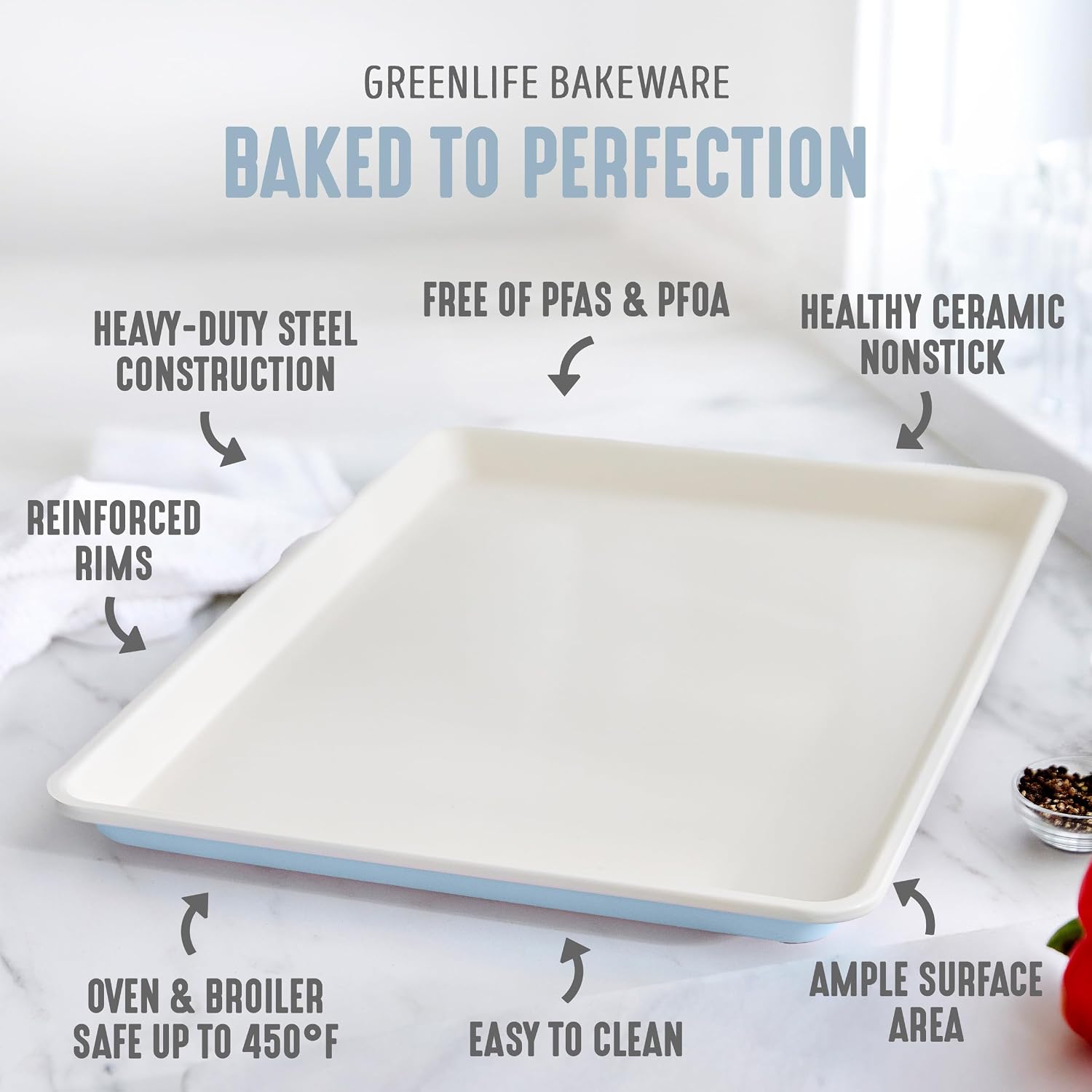 GreenLife 13" x 9" Quarter Sheet Baking Pans, 2 Piece Bakeware Set, PFAS-Free Ceramic Nonstick Rectangular Cookie Trays, Oven Safe to 450°F