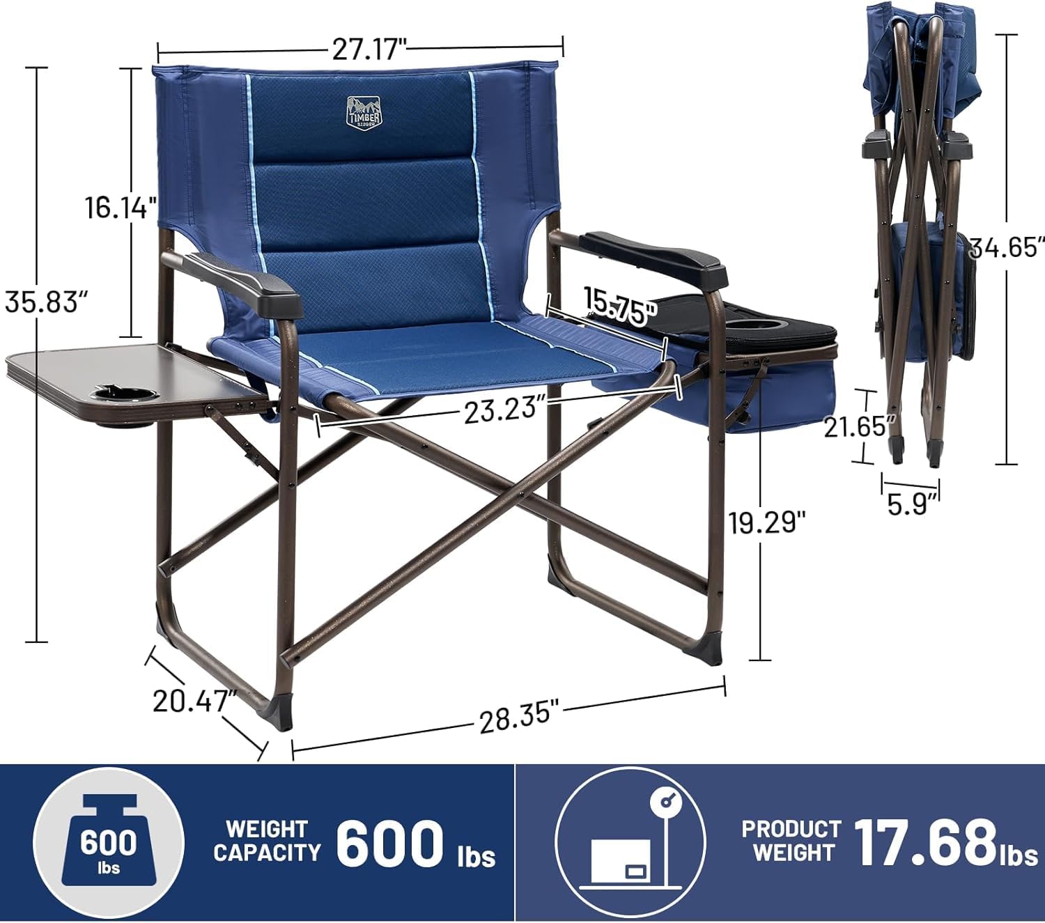 Timber Ridge XXL Oversized Directors Chair 600lbs - Heavy Duty Camping Chair with Cooler Bag & Table, Portable Folding Chair with Wide Seat for Tailgating, Patio, Outdoor - Grey