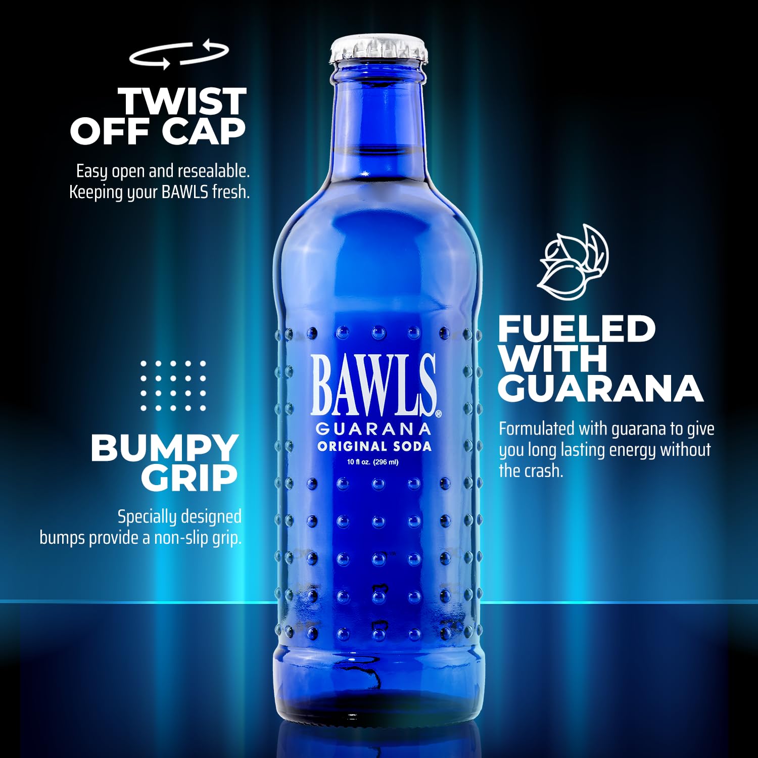 BAWLS Guarana Original - Guarana Fueled Soda for Energy, High Energy Caffeinated Drink, 10oz 24 Pack Glass Bottles