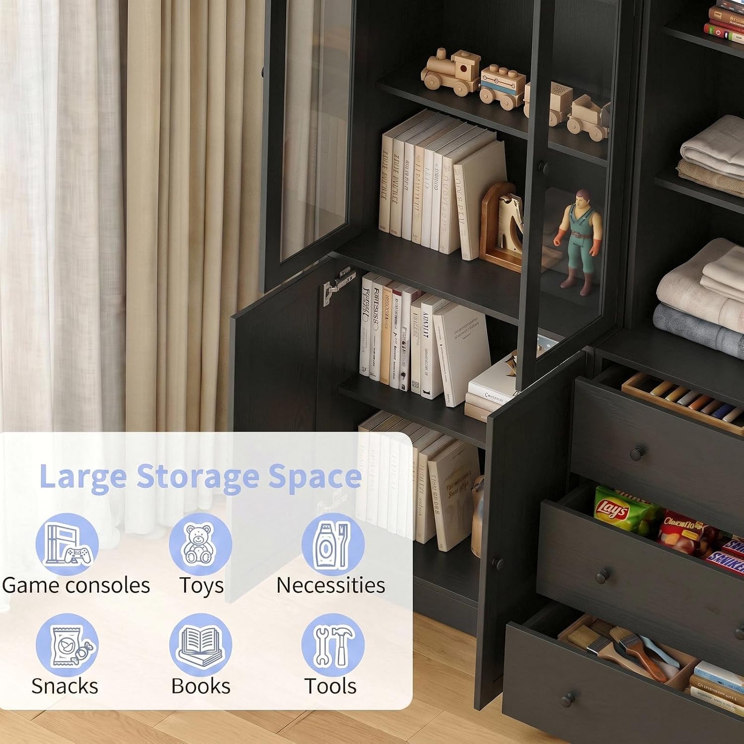 TUSY 71" H Bookcase with Storage | 6-Tier Modern Bookshelf with Drawers, Display Bookcase with Glass Doors, White Curio Cabinet for Home Office, Living Room