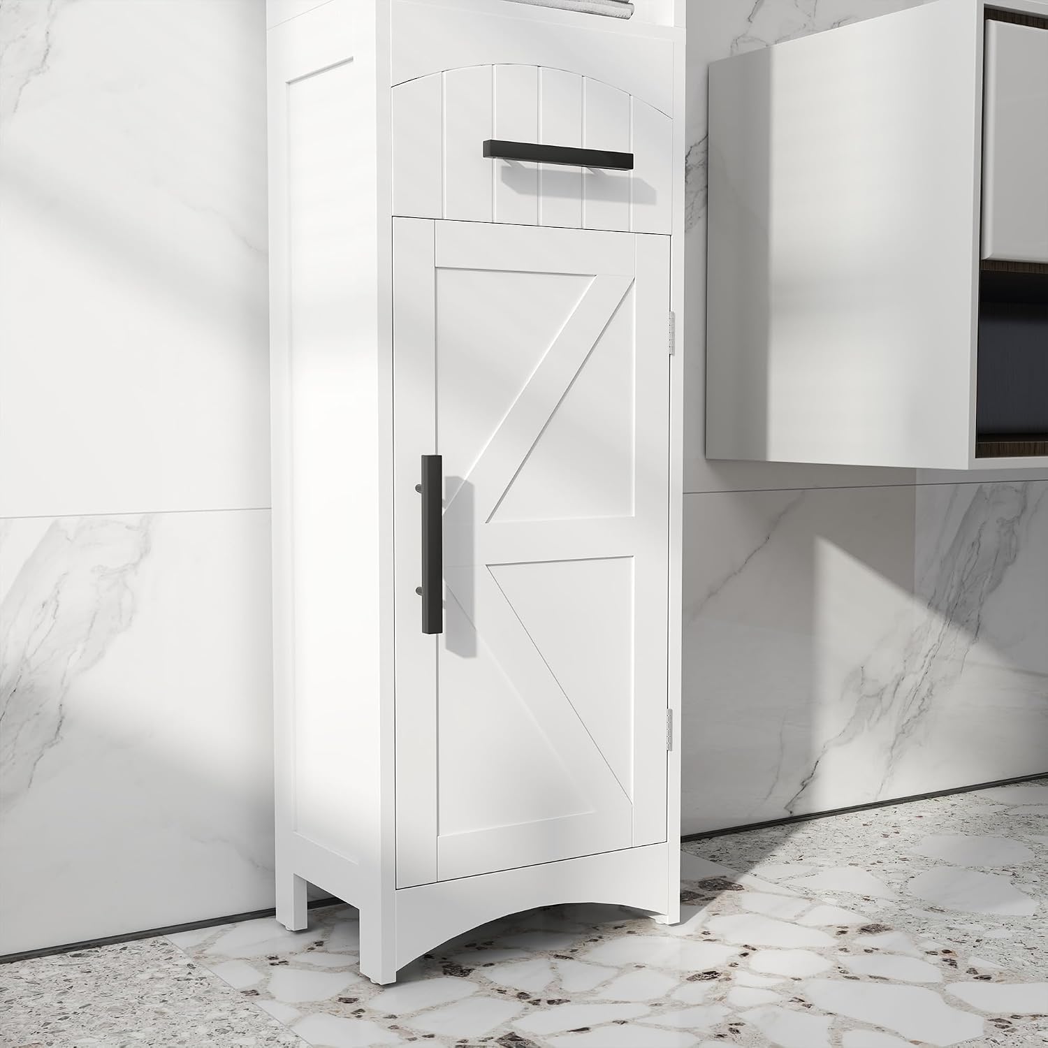 HOMCOM Tall Bathroom Storage Cabinet, Farmhouse Bathroom Cabinet, White | Narrow, Recessed Drawer, Barn Door