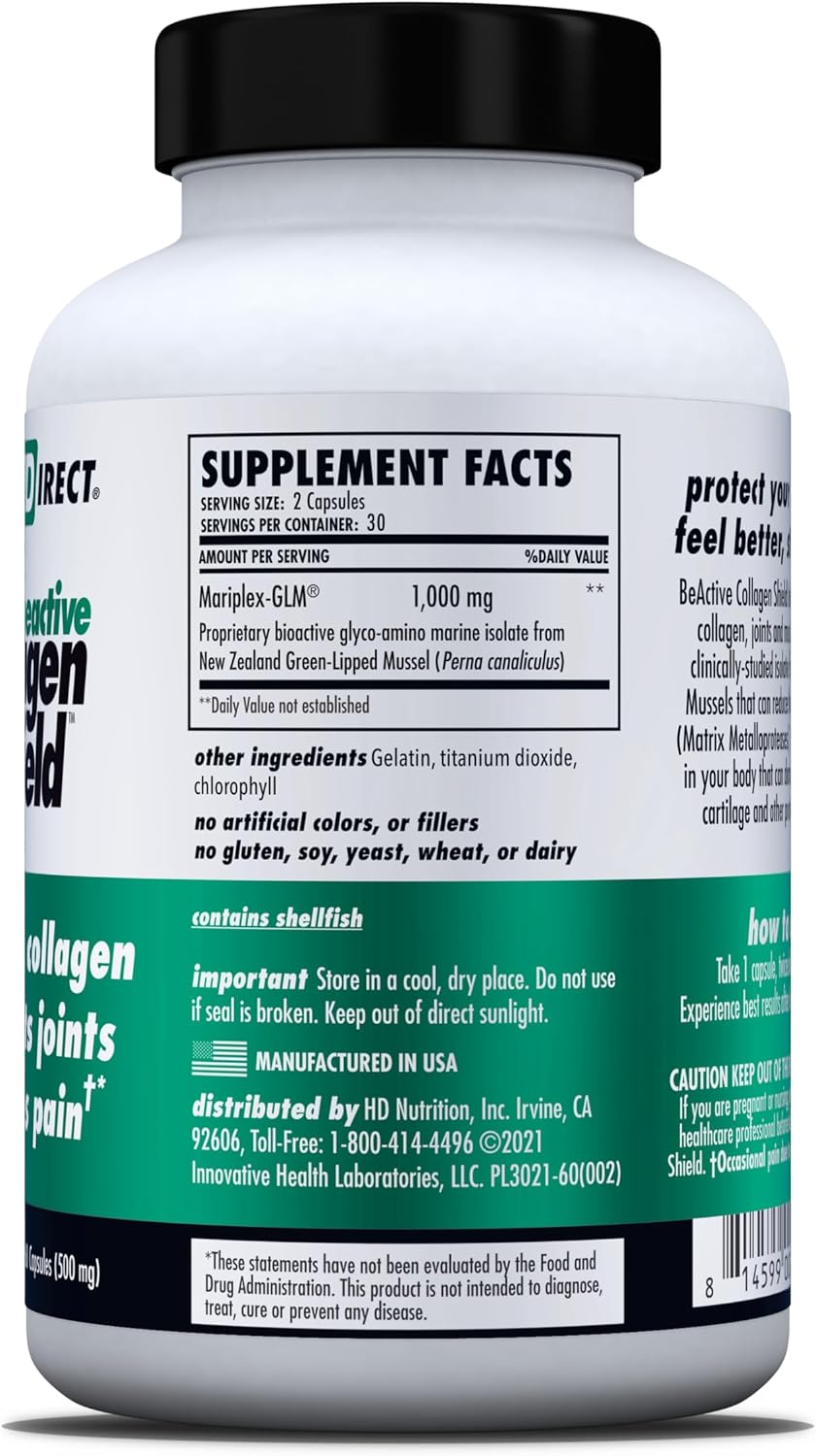 HEALTH DIRECT BeActive Collagen Shield, Green-Lipped Mussel, 60 Capsules | Bioactive Mariplex GLM formula from New Zealand supports collagen health, joints and muscle recovery.