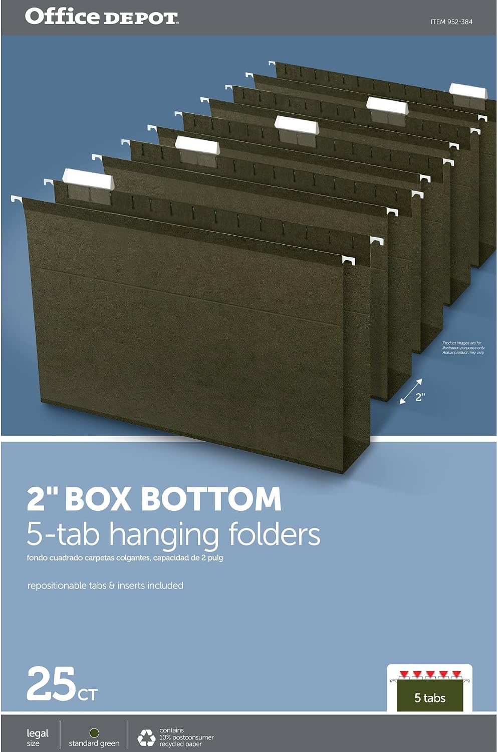 Office Depot Box Bottom Hanging File Folders, 2in. Expansion, Legal Size, Standard Green, Pack Of 25, 406090OD