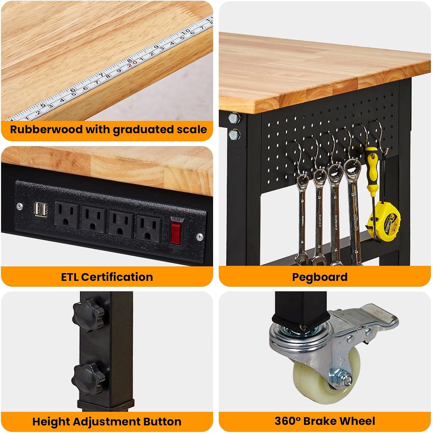 48" Adjustable Workbench, 8-Level Height Adjustable Rolling Work Table with Casters & Scale, Sit & Stand 2-in-1 Garage Tool Table with Pegboard & Hooks, for Workshop, Warehouse, DIY Projects