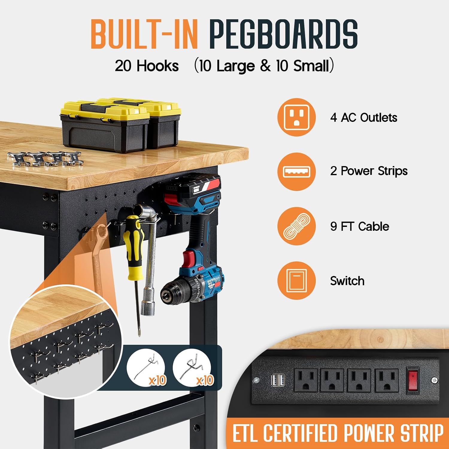 SPECRAFT Adjustable Black Heavy-Duty Workbench | 2000 Lbs Capacity, Rubber Wood Top, 4 AC Outlets and 2 USB Ports, for Garage, Workshop and Office