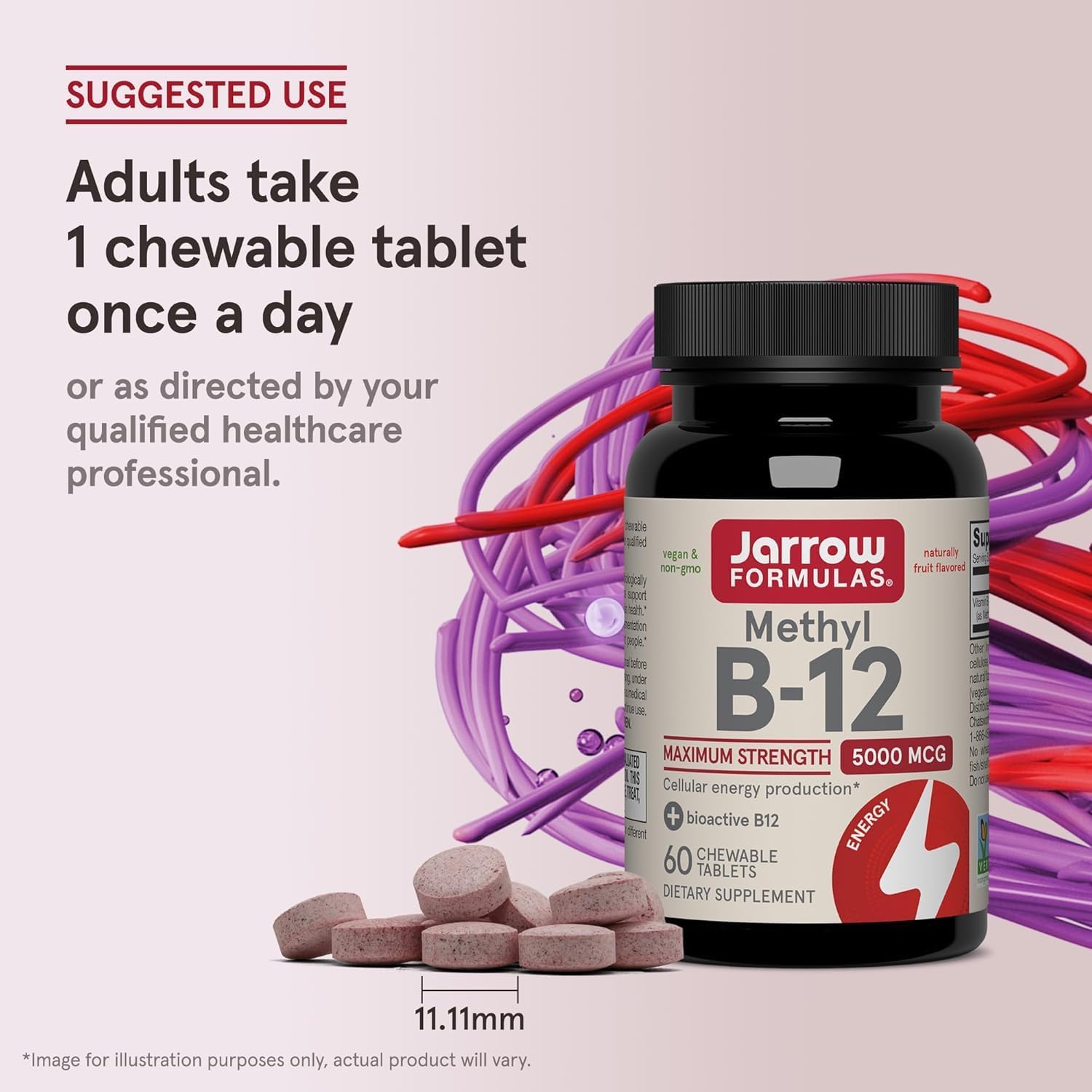 Jarrow Formulas Methyl Vitamin B12 5000 mcg - 60 Chewable Tablets, Naturally Fruit Flavored- Bioactive B12 Vitamin - Supports Cellular Energy Production, Brain Health & Metabolism - 60 Servings | Fruit Flavored, Bioactive B12 Vitamin, Supports Cellular E…