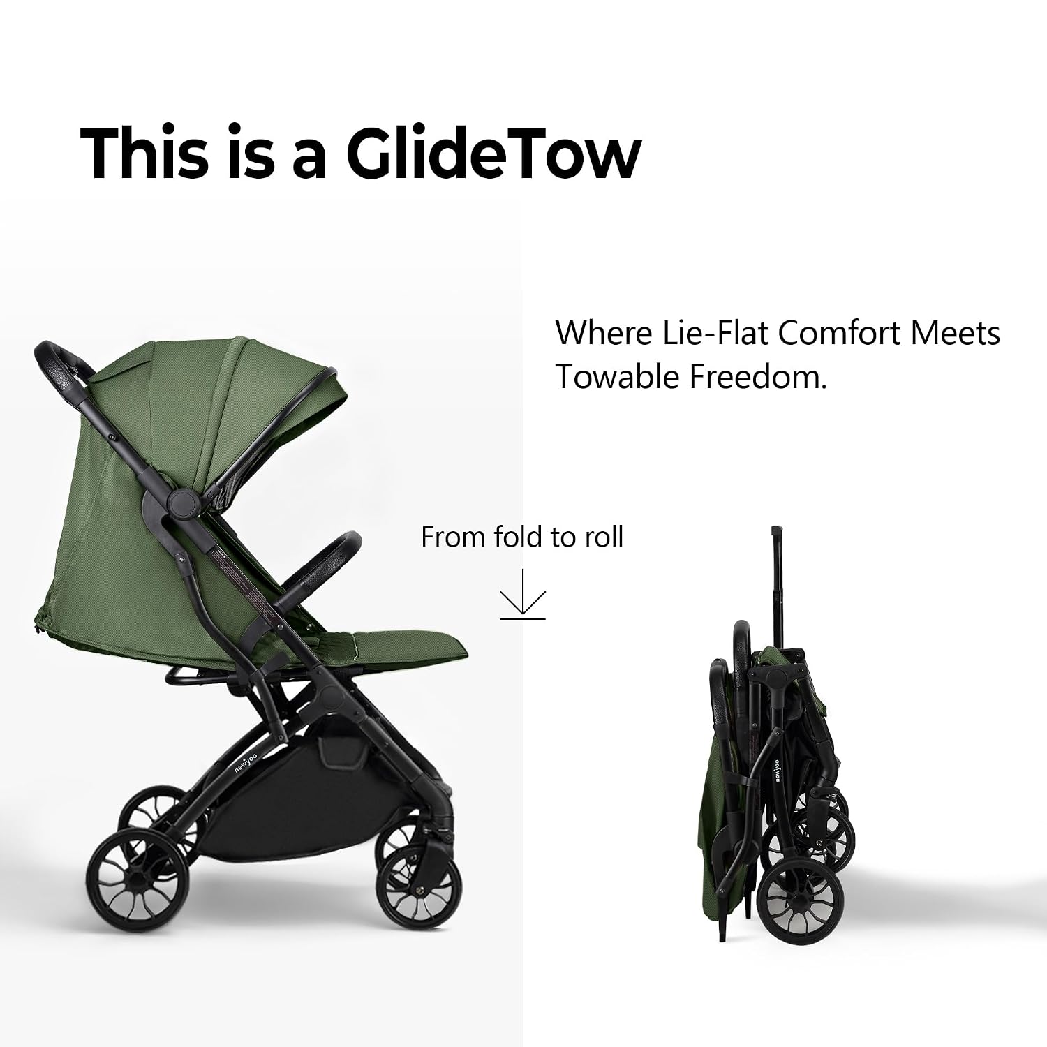newyoo GlideTow TR18 Travel Stroller, Compact & Lightweight, Muted Olive | Newborn to toddler, foldable, self-standing design, 175° near-flat recline, large mesh window, trolley mode & UPF 50+ canopy