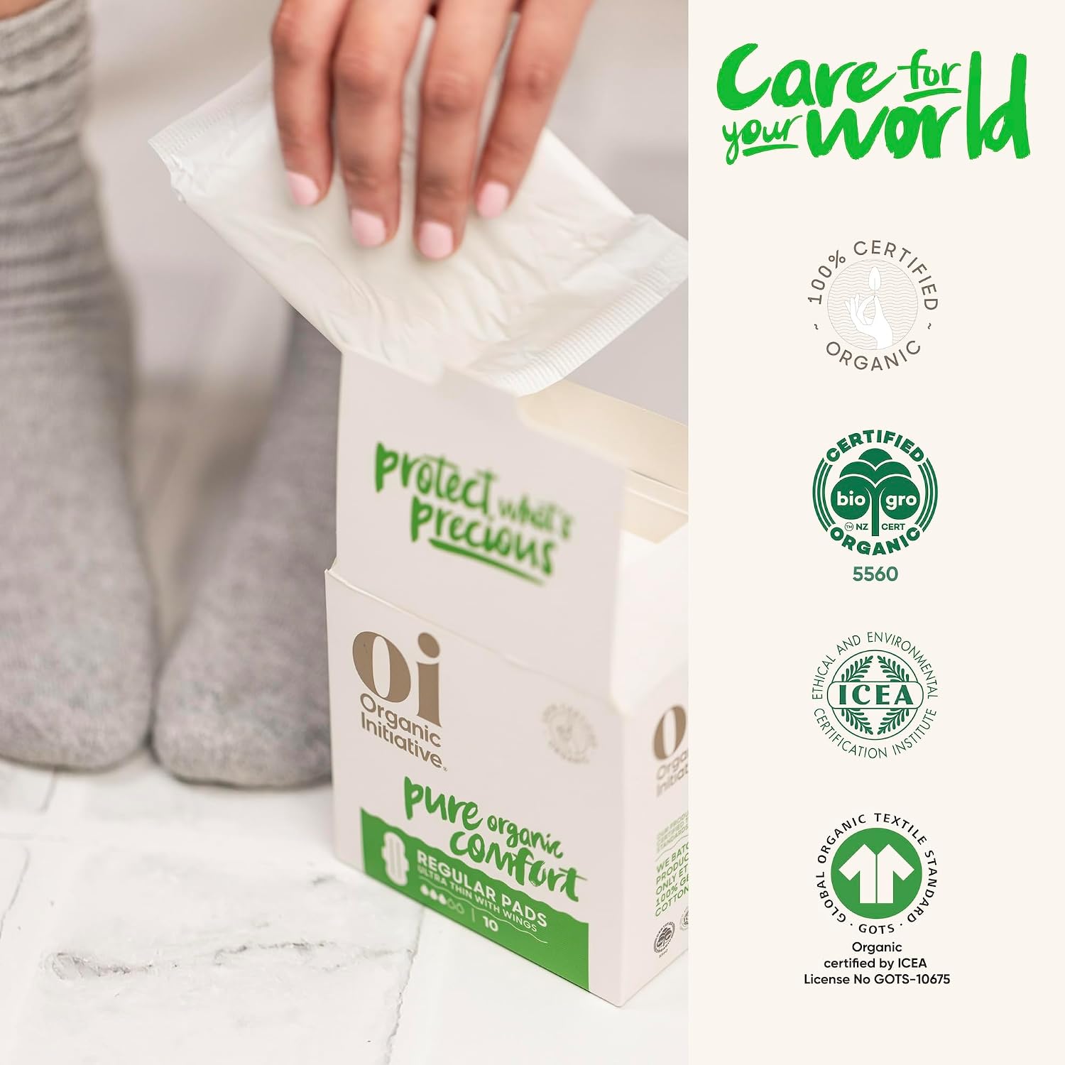 Oi | Organic Initiative - Ultra Thin Pads with Wings, 20 Count (10 Regular/10 Super) | 100% Certified Organic Cotton Pads, Unscented | Leak Free, Biodegradable Thin Pads for Women | Non-GMO, Non Toxic