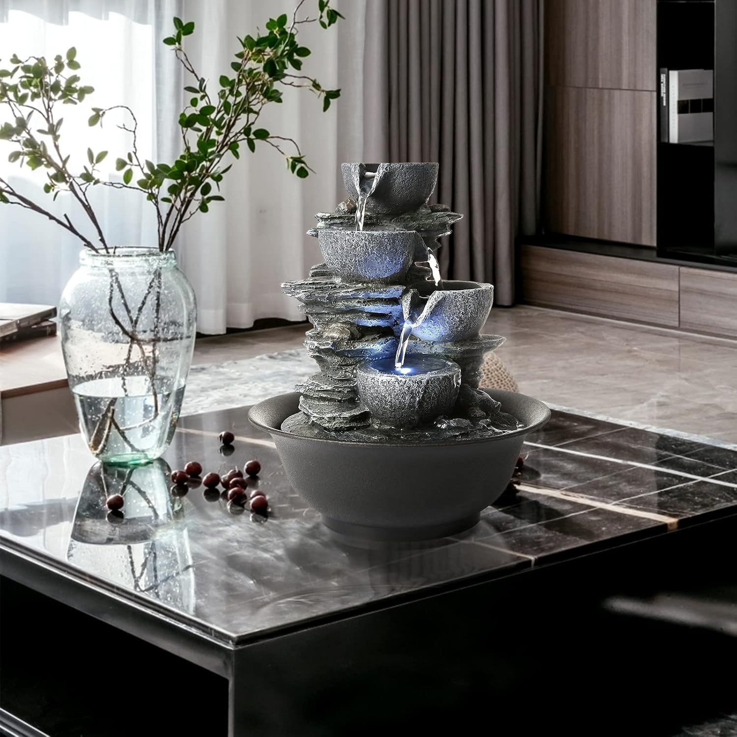 WICHEMI Indoor Water Fountain Tabletop Fountain Stacked Rock with LED Light | Relaxing Water Feature, Meditation Fountain, Soothing Sound, Stress Relief, For Home Office Bedroom Decor, 7.8"x7.8"x7.9"