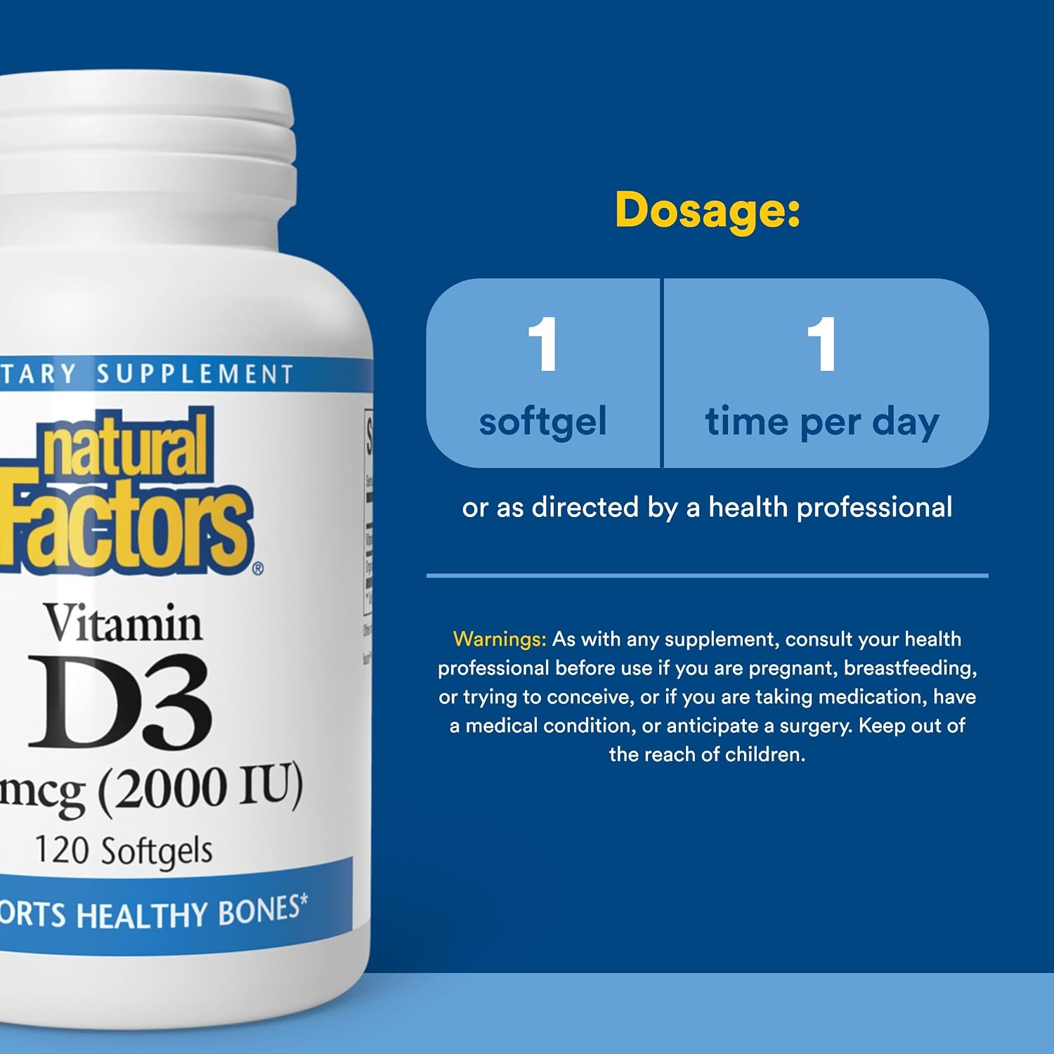 Natural Factors, Vitamin D3 2000 IU (50 mcg), Supports Strong Bones, Muscles and Immune Function, 120 Softgels