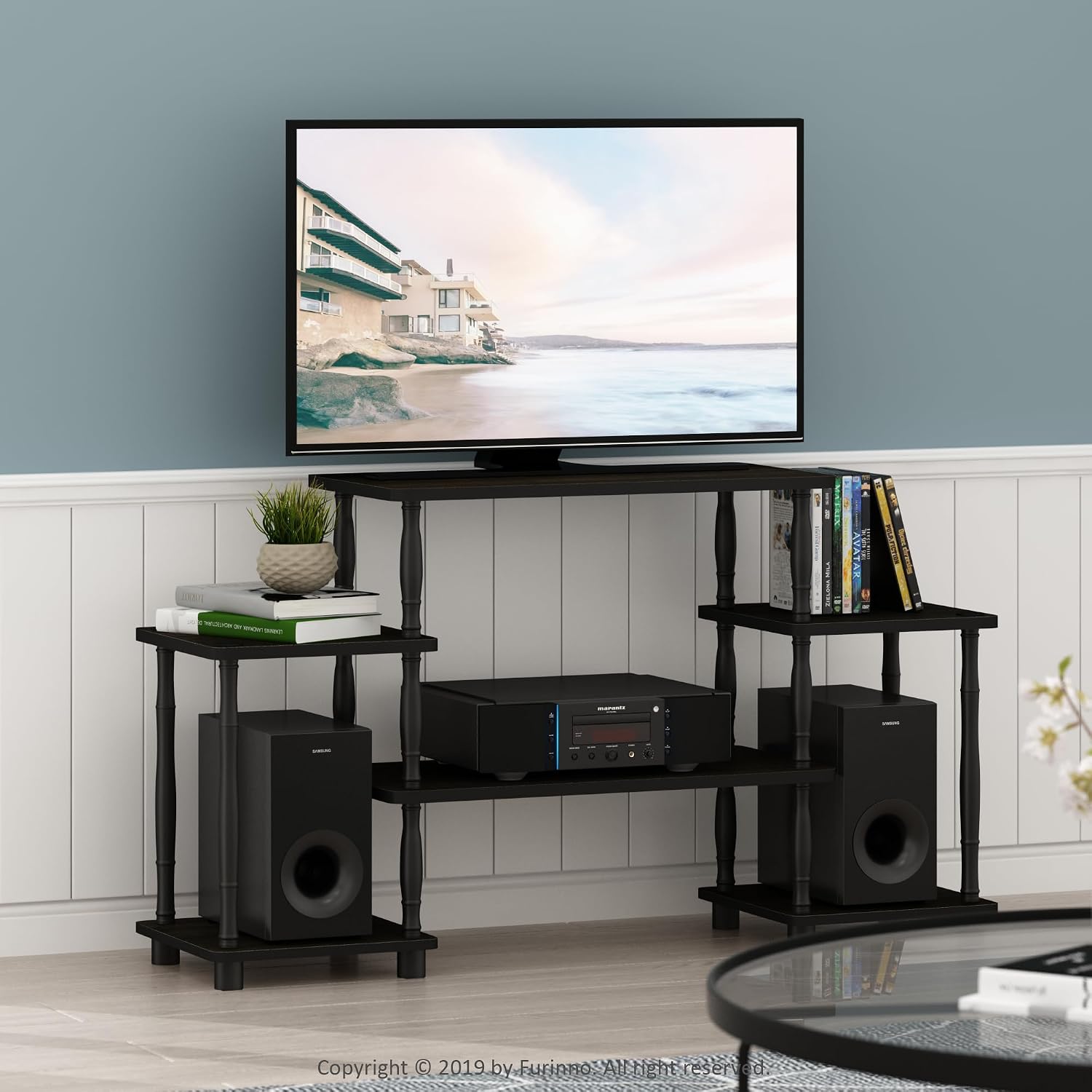 Furinno Turn-N-Tube No Tools Entertainment Center, Round Square Corner, French Oak Grey/Black | Raised Top, Open Shelves TV Console with for TV up to 32 Inch, for Living Room, Bedroom