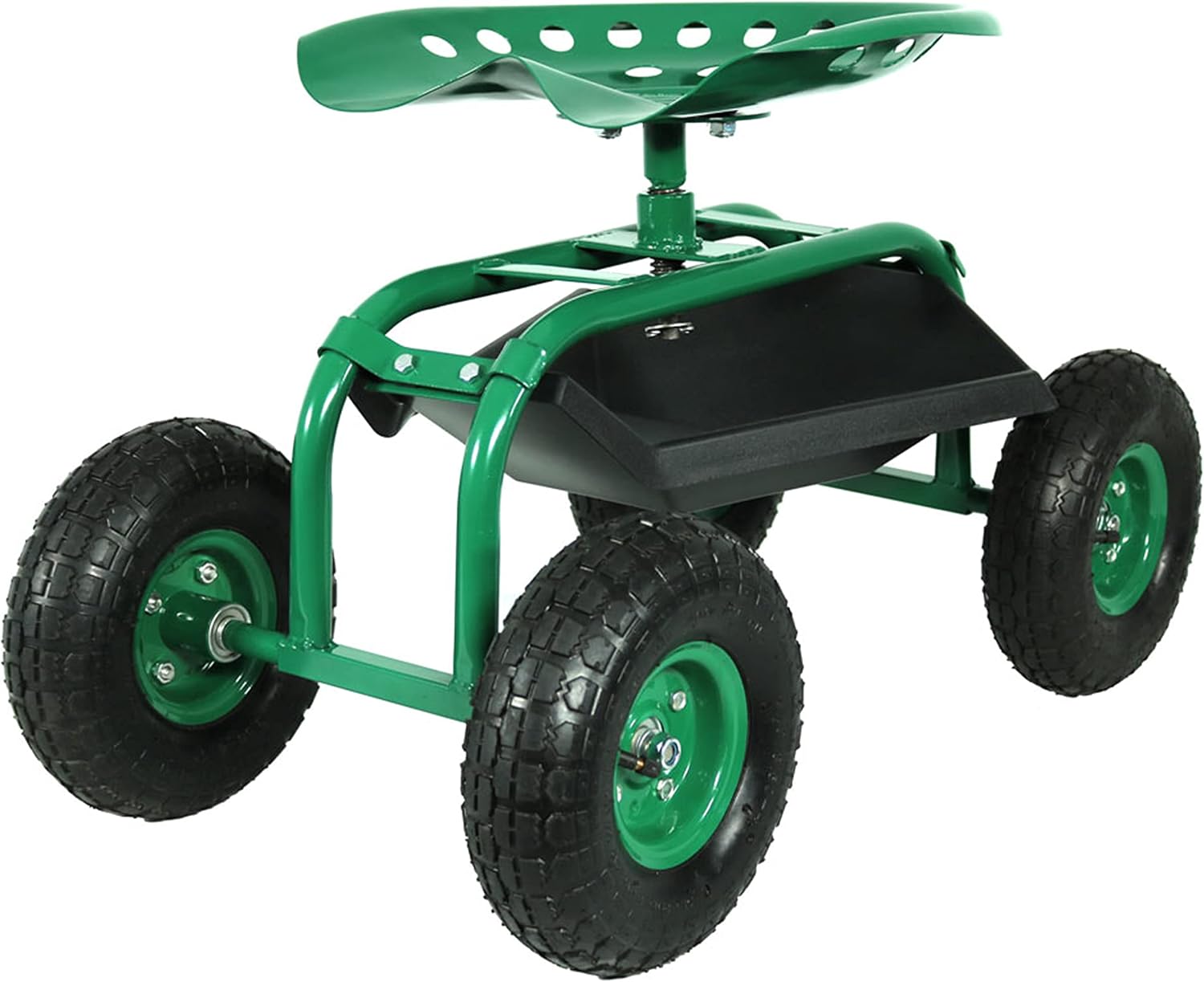 Sunnydaze Rolling Garden Cart with Swivel Seat and Storage, Green | Steel Rolling Gardening Seat with Utility Tray, and Basket for Storage, Rotating, Swiveling Motion