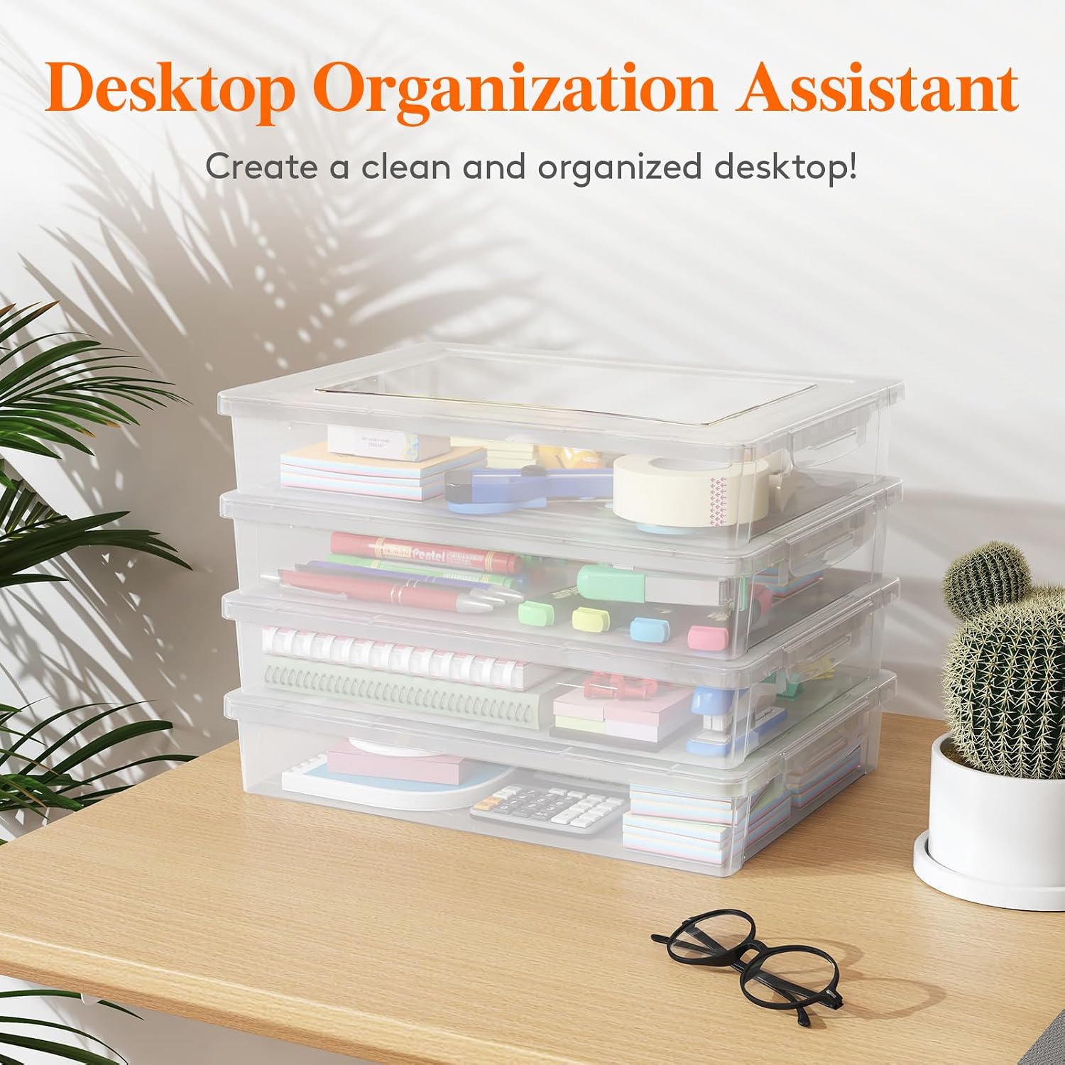 Lifewit Paper Organizer Storage with Lid, Fits 8.5" x 11" Letter, 4 Pcs | Multi-Purpose Plastic File Box with Latching Lids