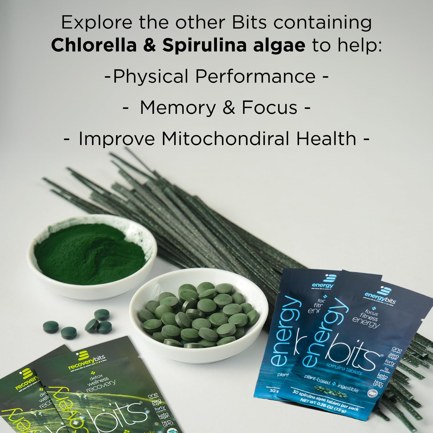 ENERGYbits/RECOVERYbits - Organic Spirulina & Chlorella Tablets - Single Serving Sample Packs - Algae Superfood - High Protein