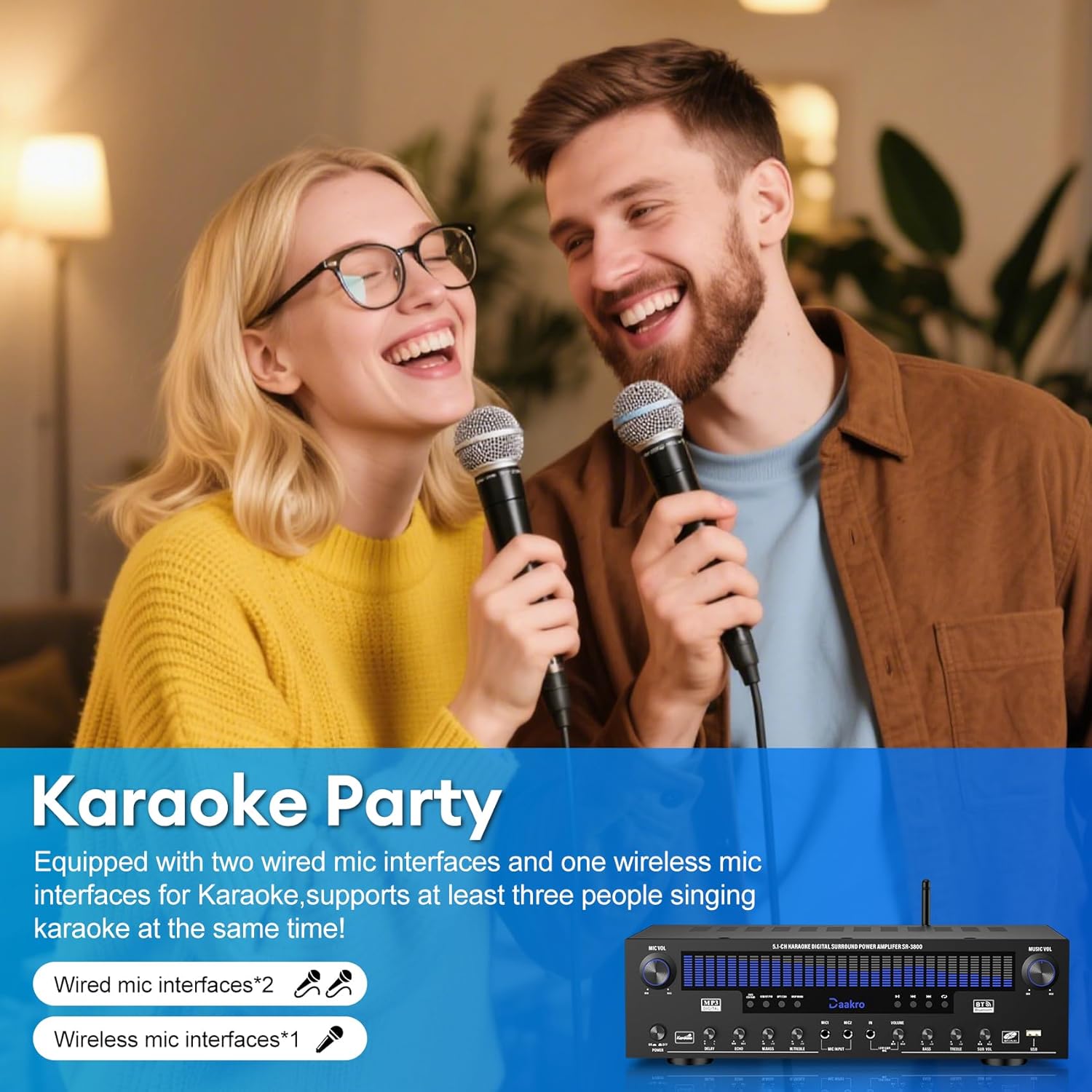 Daakro Stereo Receivers Home Audio Amplifier w/DSP Display, 300W Rated Power 5.1 Channel Bluetooth Receiver