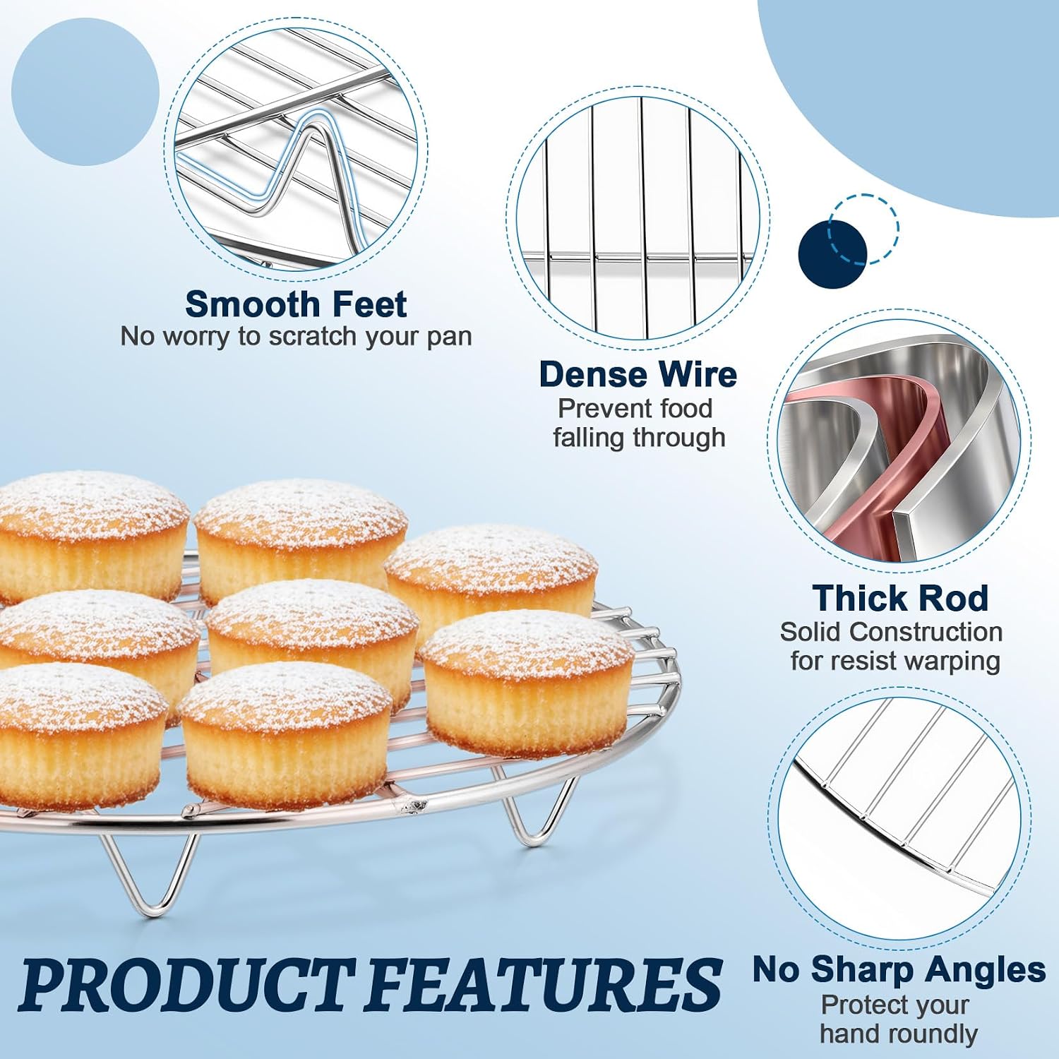 P&P CHEF 9 Inch Cooking Rack Round for Steaming Cooling, Silver, 2 Pack