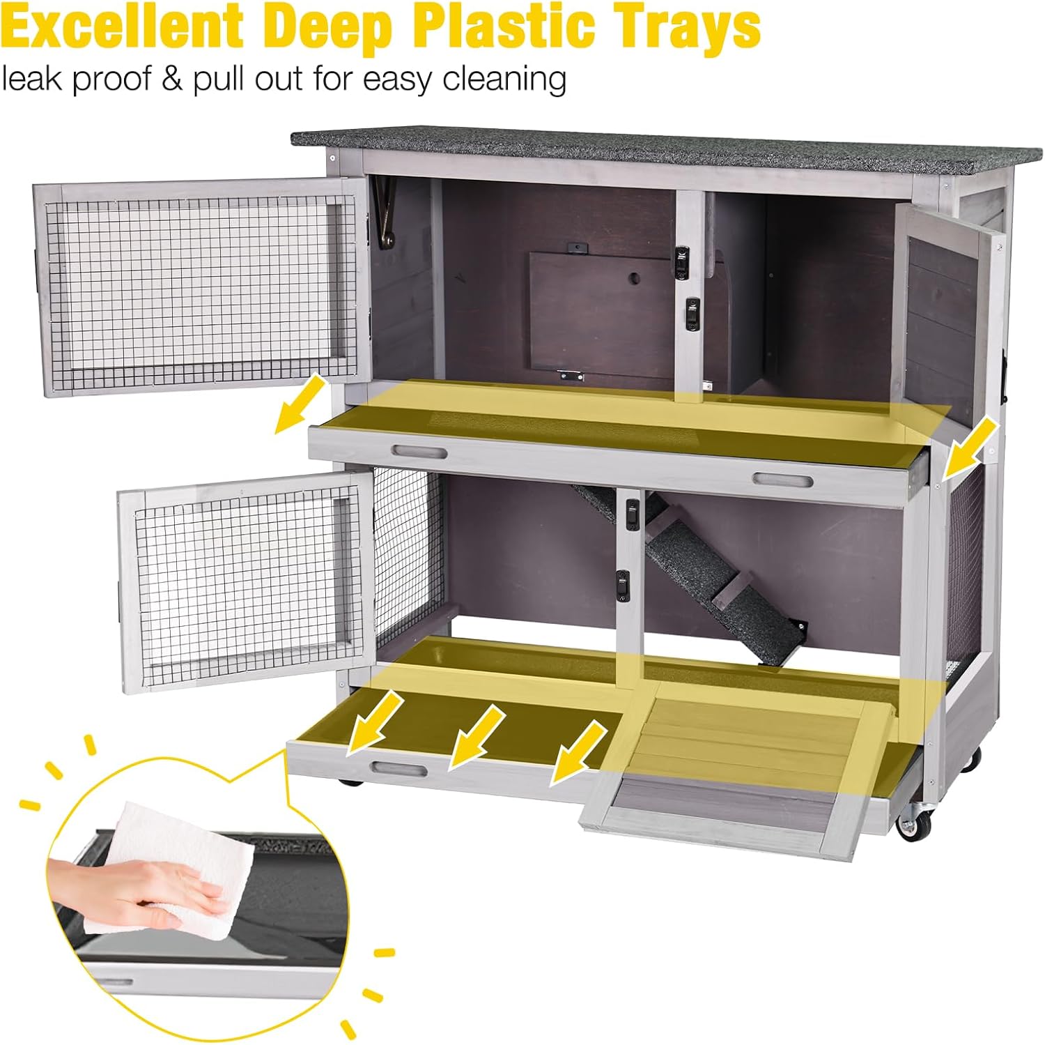 Aivituvin Rabbit Hutch, Indoor Bunny Cage with Run Outdoor Rabbit House with Two Deeper No Leak Trays - 4 Casters Include (Grey)