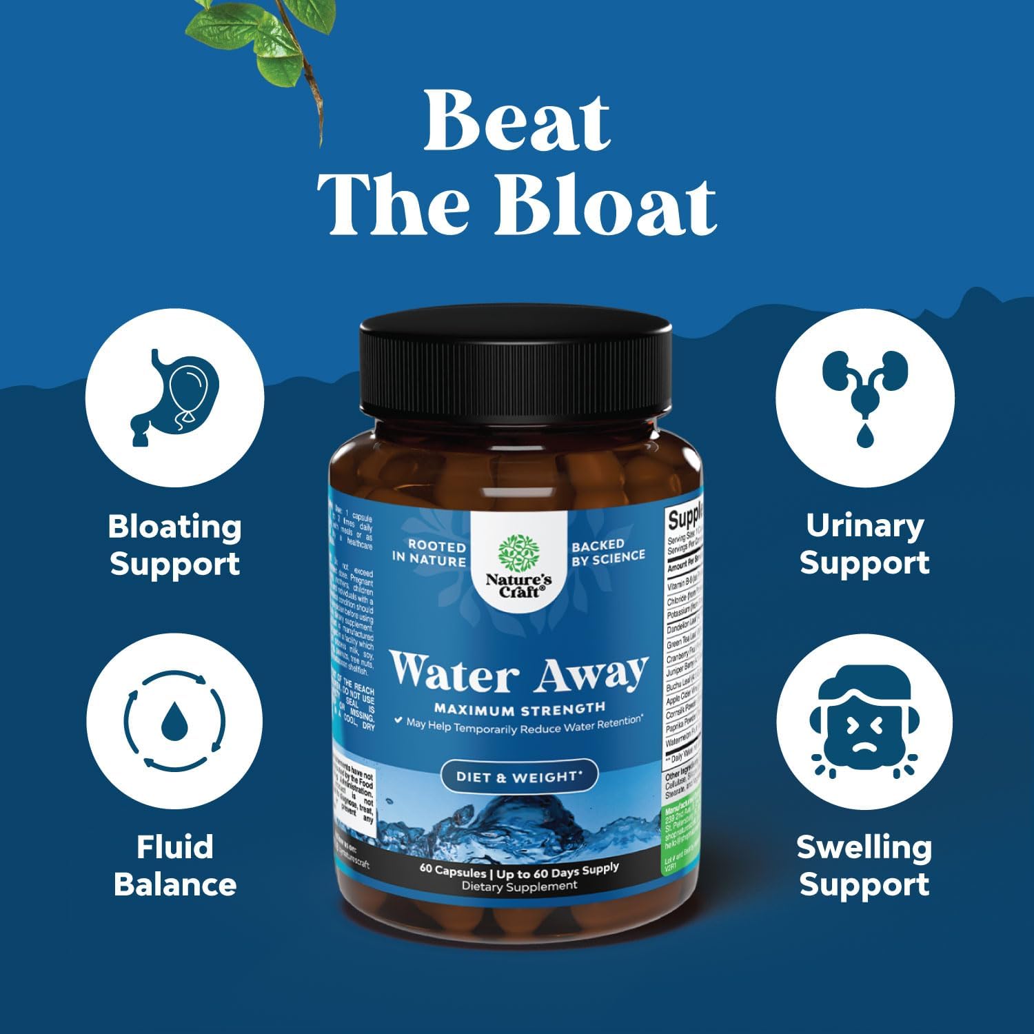 Water Away Herbal Diuretic Pills High Strength - Fluid Retention Supplement with Dandelion Leaf Extract & Green Tea for Bloating Relief for Women &