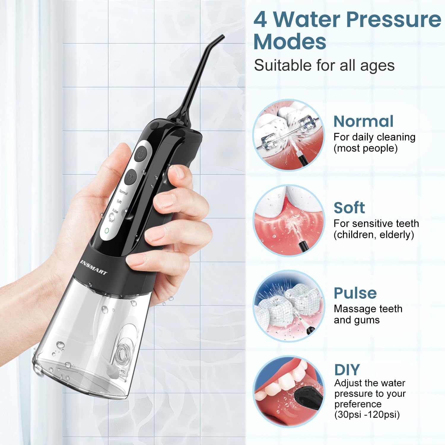 Cordless Water Dental Flosser Teeth Cleaner, INSMART Professional 300ML Tank DIY Mode USB Rechargeable Dental Oral Irrigator for Home and Travel