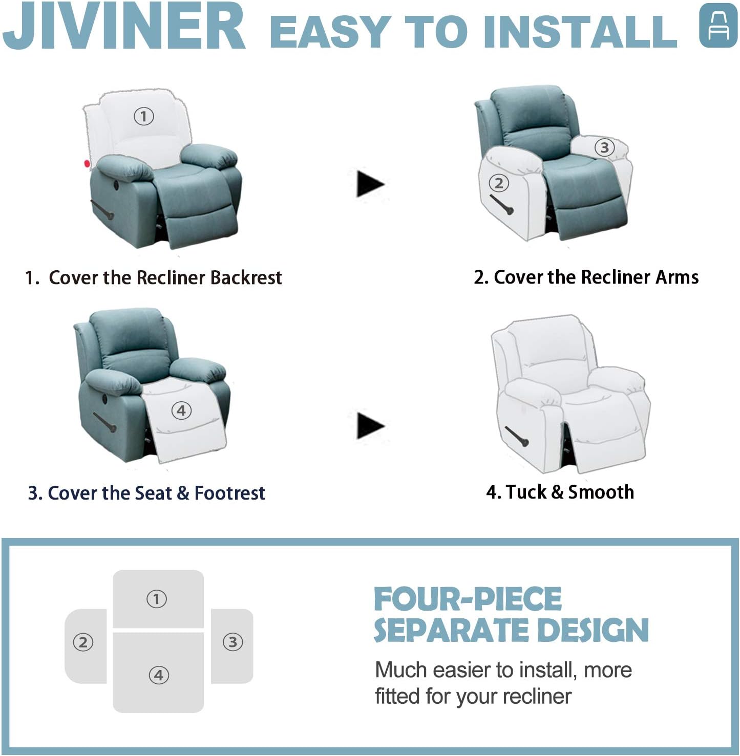 JIVINER Super Stretch Recliner Chair Covers 4 Pieces Sofa Slipcover for Reclining Chair Spandex Soft Recliner Slipcover with Pockets Recliner