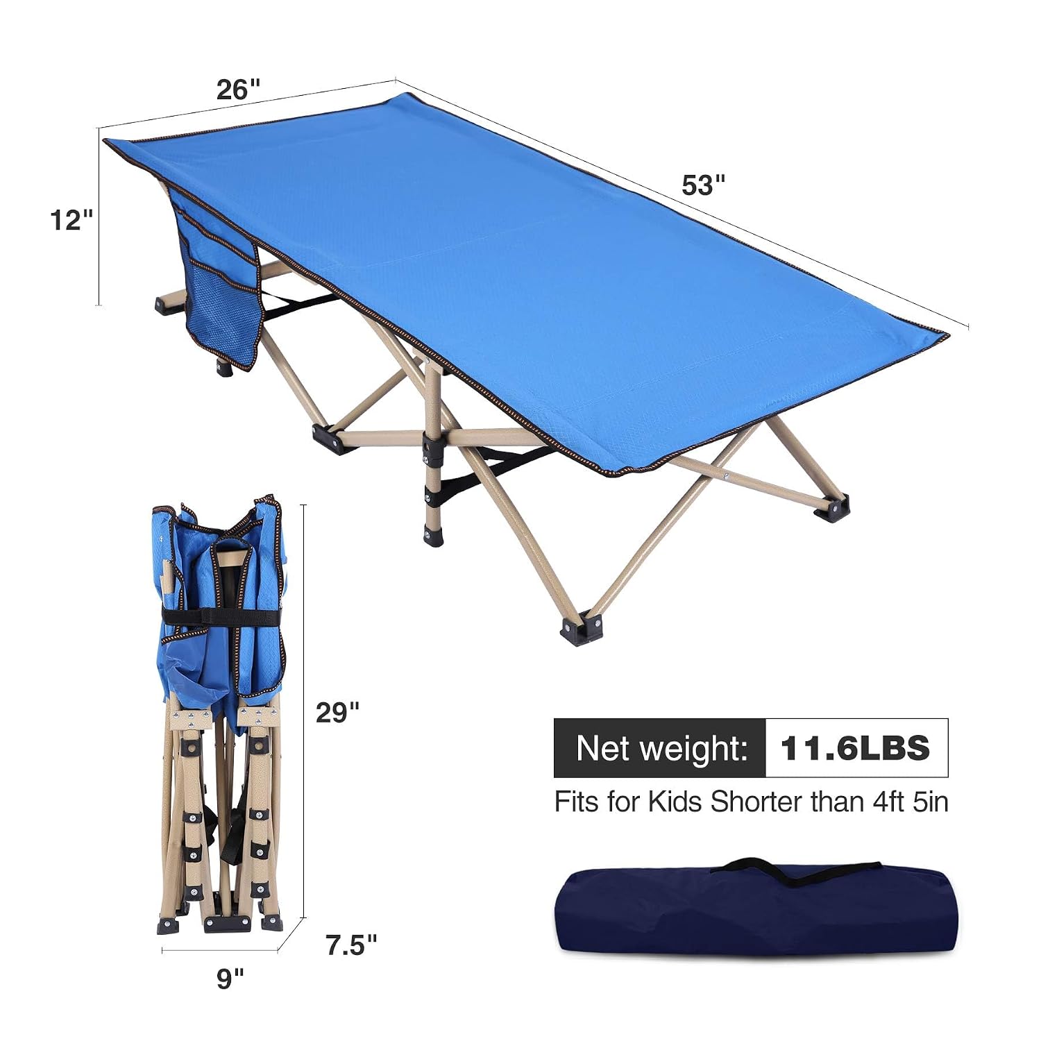 REDCAMP Extra Long Kids Cot for Camping 2-7 Years, Portable Travel Toddler Cot Bed with Carry Bag, Lightweight for Outdoor Indoor Home, Blue 53''x26''