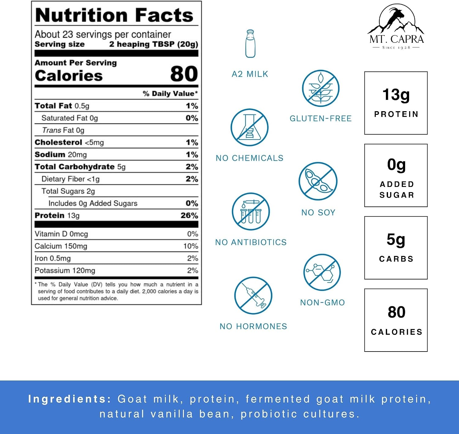 Mt. Capra Caprotein | Casein Protein Concentrate, Fermented Goat Milk Protein from Grass-Fed Pastured Goats