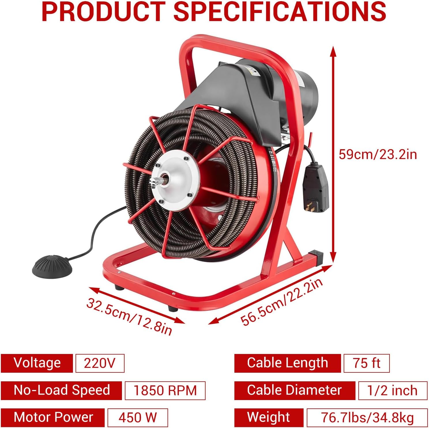 75 ft x 1/2 in Drain Cleaner Machine, 400W Electric Drain Snake with 6 Cutters & Foot Switch for 1 in to 4 in Pipes, Heavy Duty Sewer Auger for Sinks