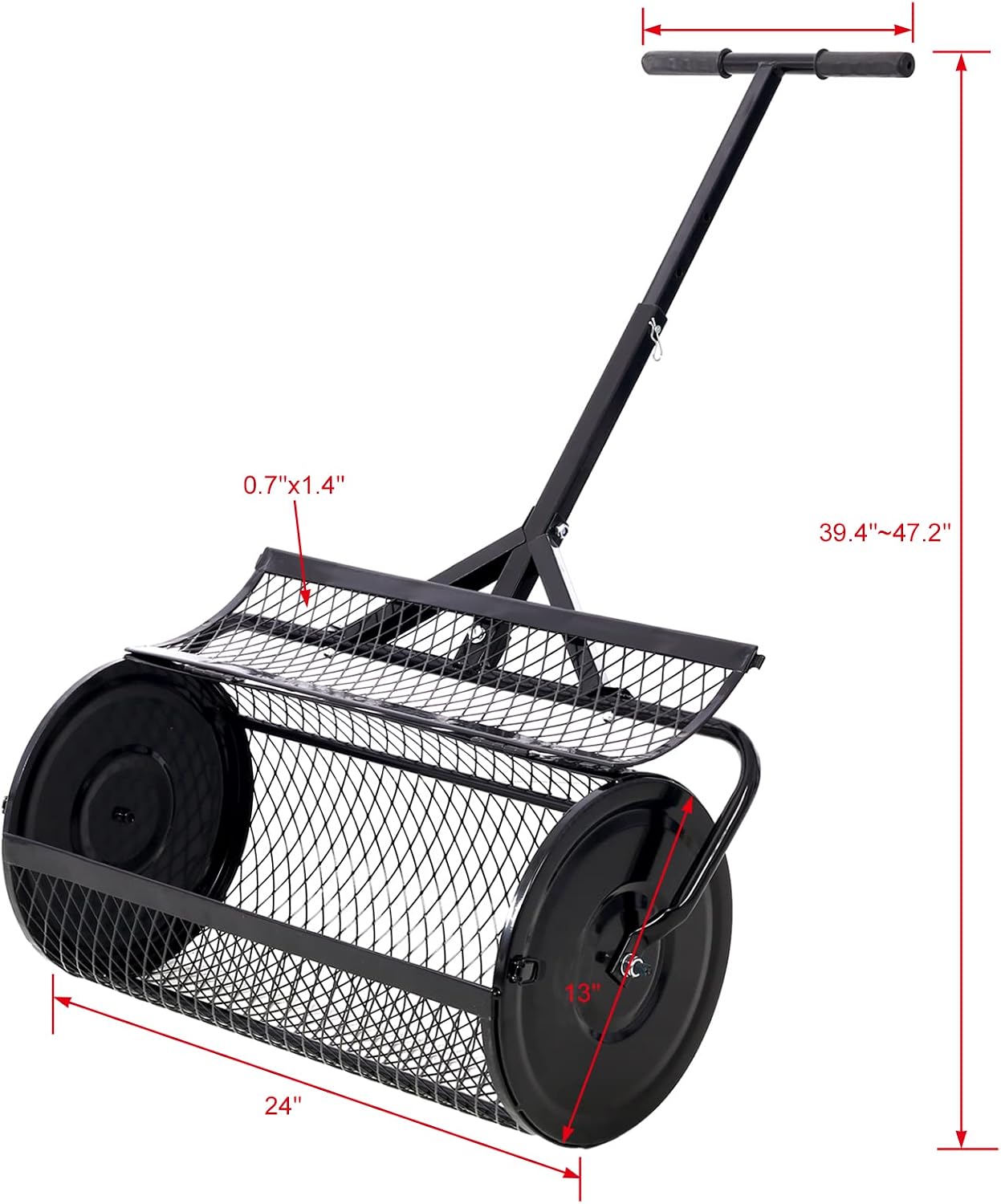 Compost Spreader - 24'' Peat Moss Spreader Manure Spreaders Roller with Adjustable T Shaped Handle Lightweight Metal Mesh Spreader for Lawn Garden Spreading Manure Topsoil, Black 0.5" x 1" Open Slits
