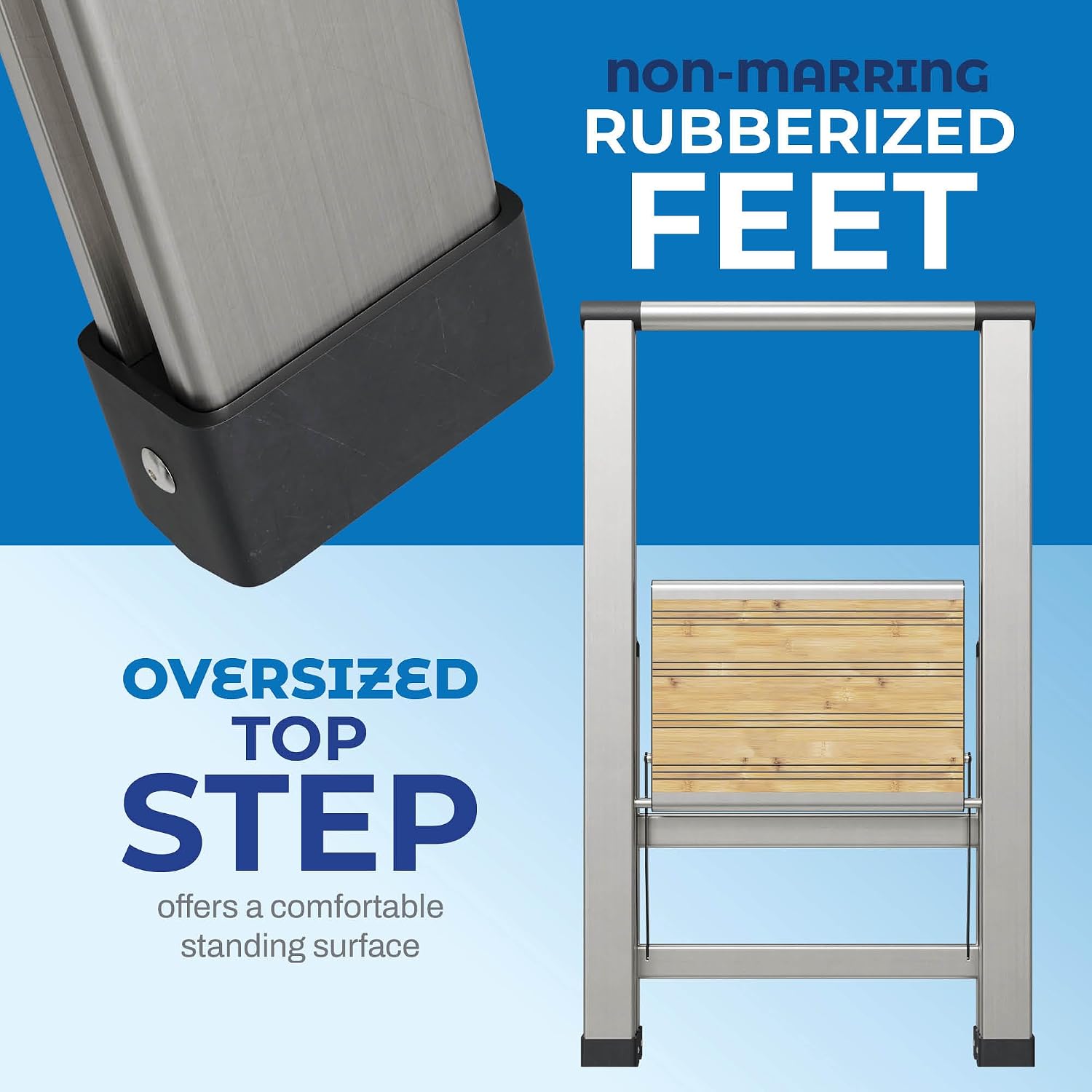 Step Ladder 2 Step Folding, Decorative - Beautiful Bamboo & Silver Aluminum, Ultra Slim Profile, Anti Slip Steps, Sturdy-Portable for Home, Office