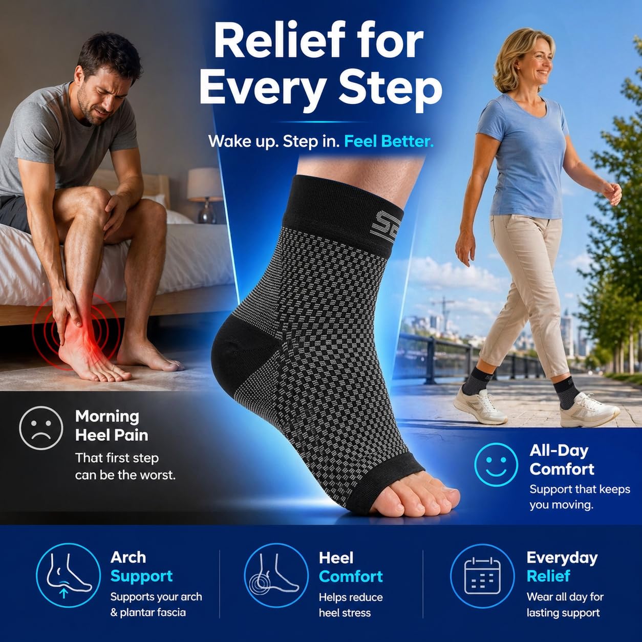 SB SOX Compression Socks for Plantar Fasciitis Relief (Gray, Medium) | Best Socks for Heel Pain Relief, Achilles Tendonitis & Foot Pain – Toeless Ankle Compression, All-Day Comfort