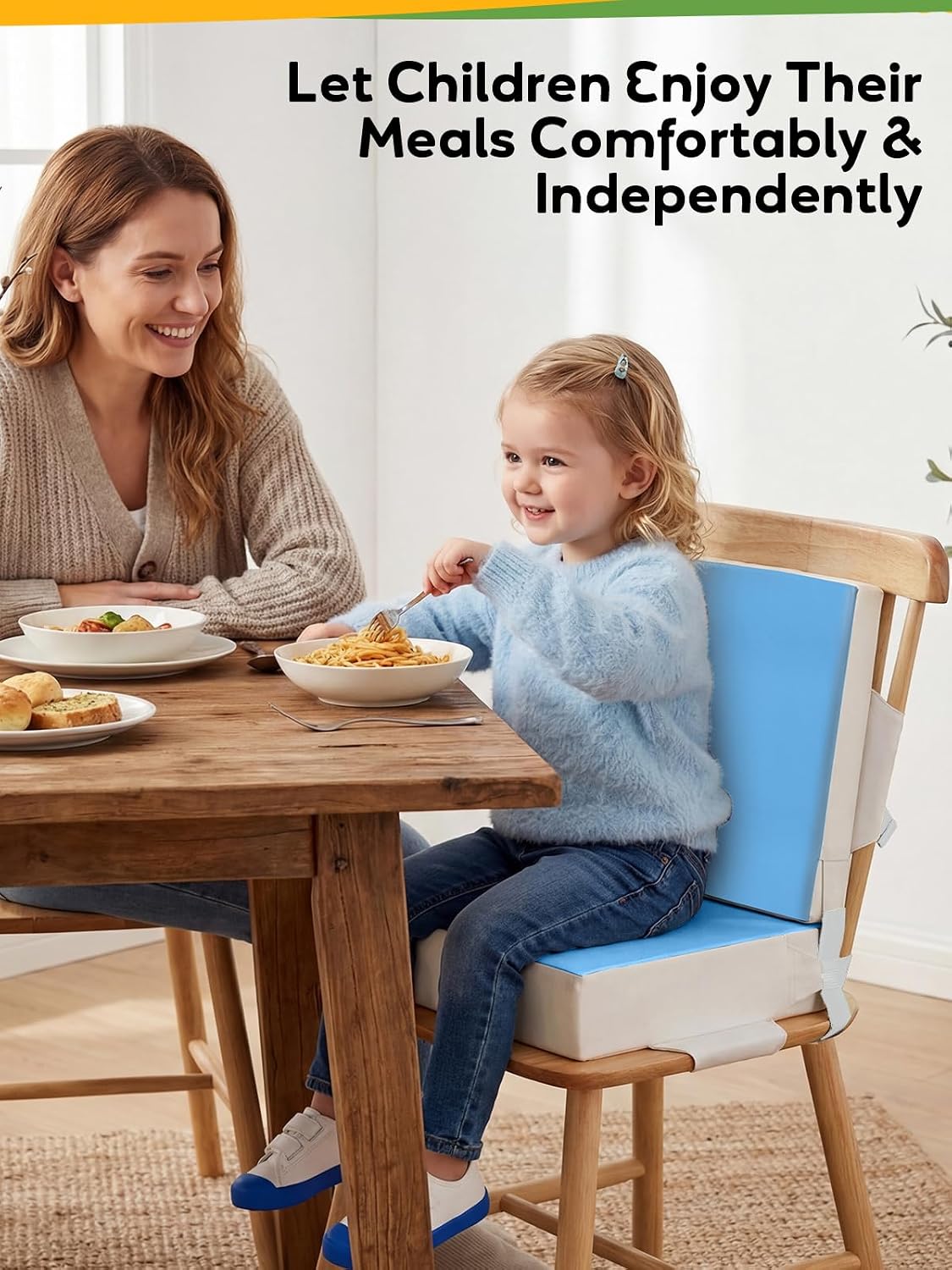 Booster Seat for Kitchen Chair - Toddler Booster Seat for Dining Table - PU Washable Double-Safety Straps with Buckle