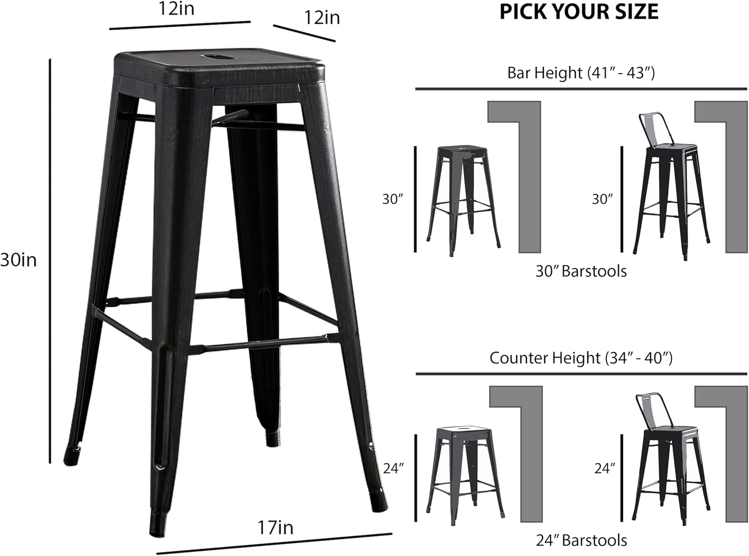 AC Pacific 30” Metal Barstool Set of 2 – Country Rustic Style with Low Back, Lightweight & Sturdy Build, Easy Assembly – Matte Black