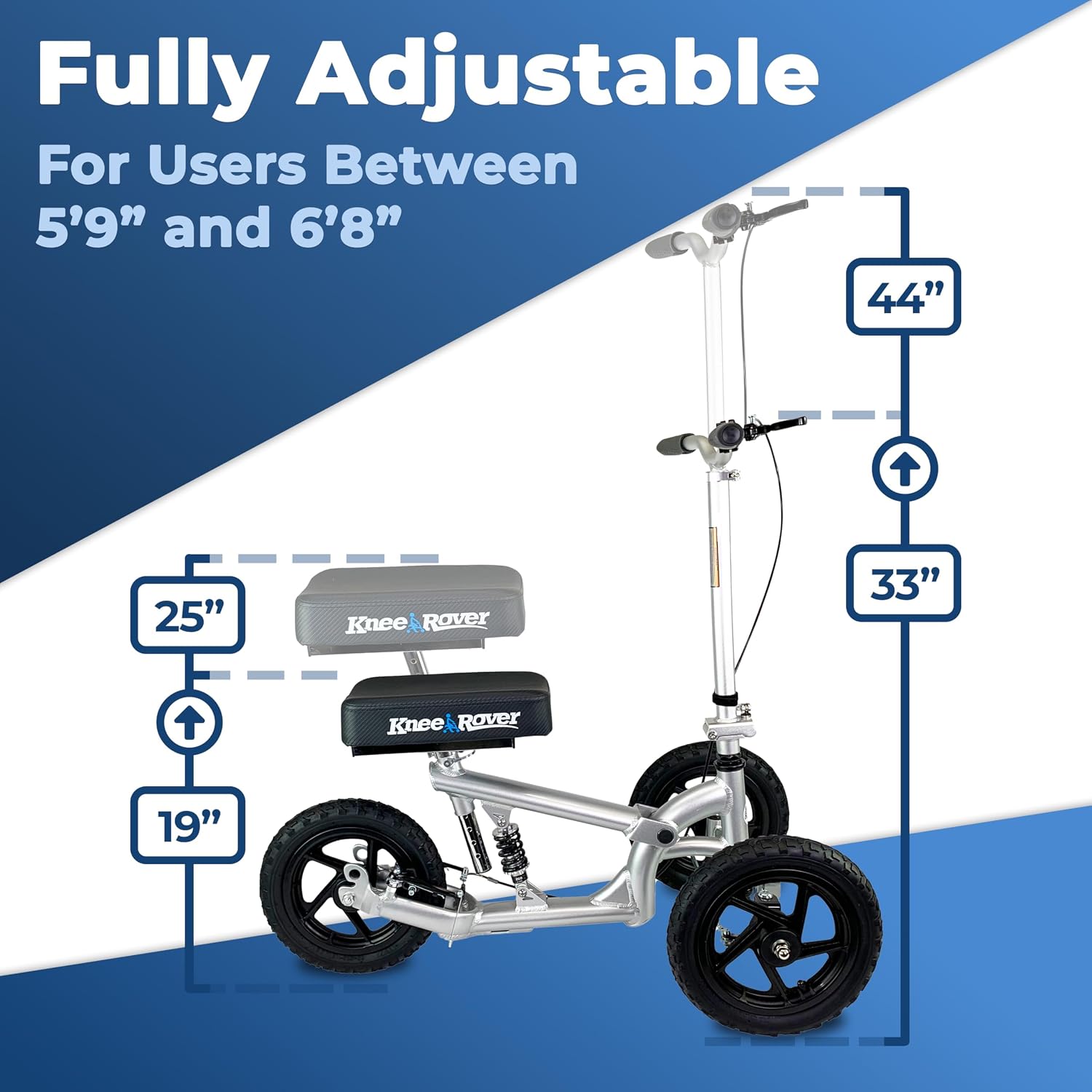 KneeRover PRO All Terrain Knee Scooter with Shock Absorber, Silver | Heavy Duty Knee Walker For Adults