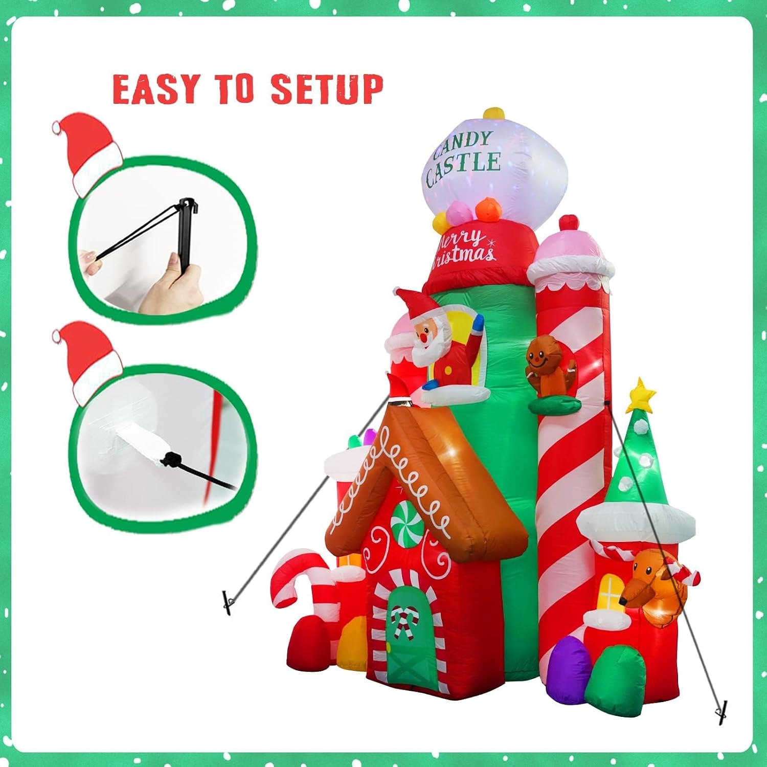 [Flash Light] 10FT Tall Christmas Inflatable Outdoor Decoration Candy Castle with Santa Gingerbread and Penguin