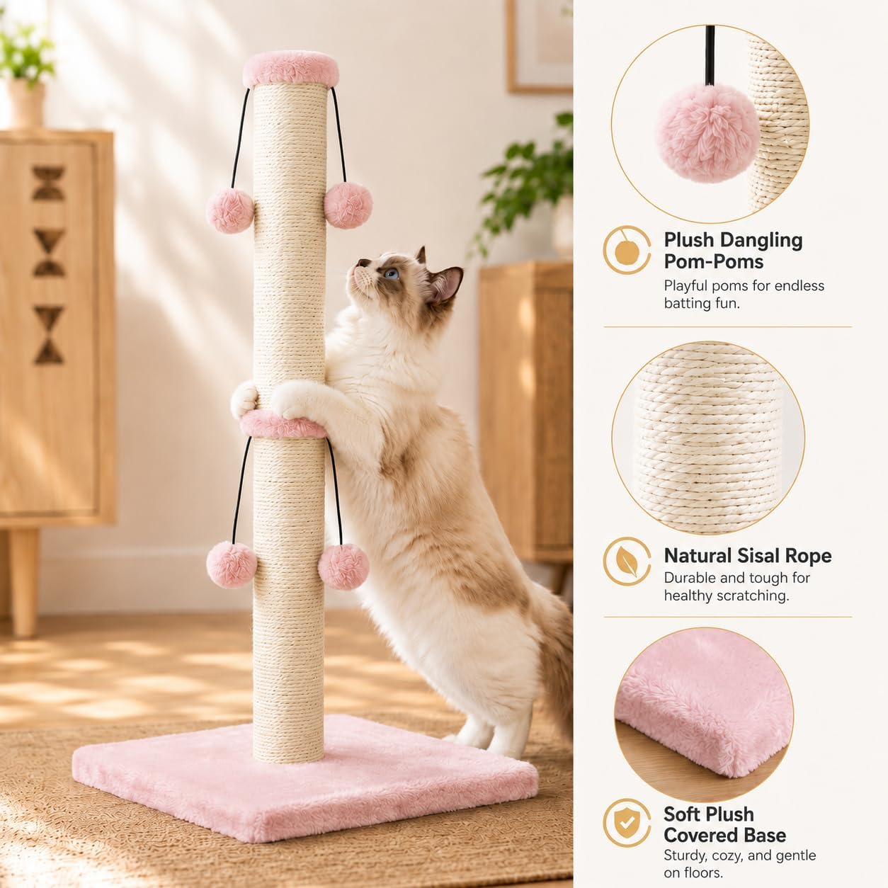 Dimaka 29'' Cat Scratching Post, Natural Sisal Rope Scratcher Post, Kitten Claw Scratch with 4 DanglingToy Balls for Large Cats (Grey)