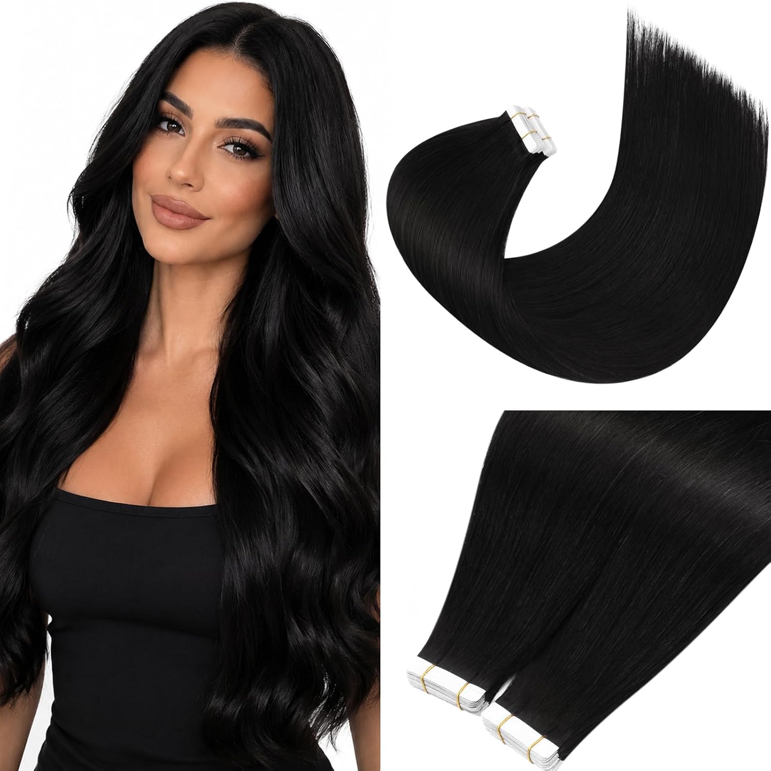 Moresoo Black Tape in Hair Extensions Human Hair, 18 Inch, 20Pcs, 50g