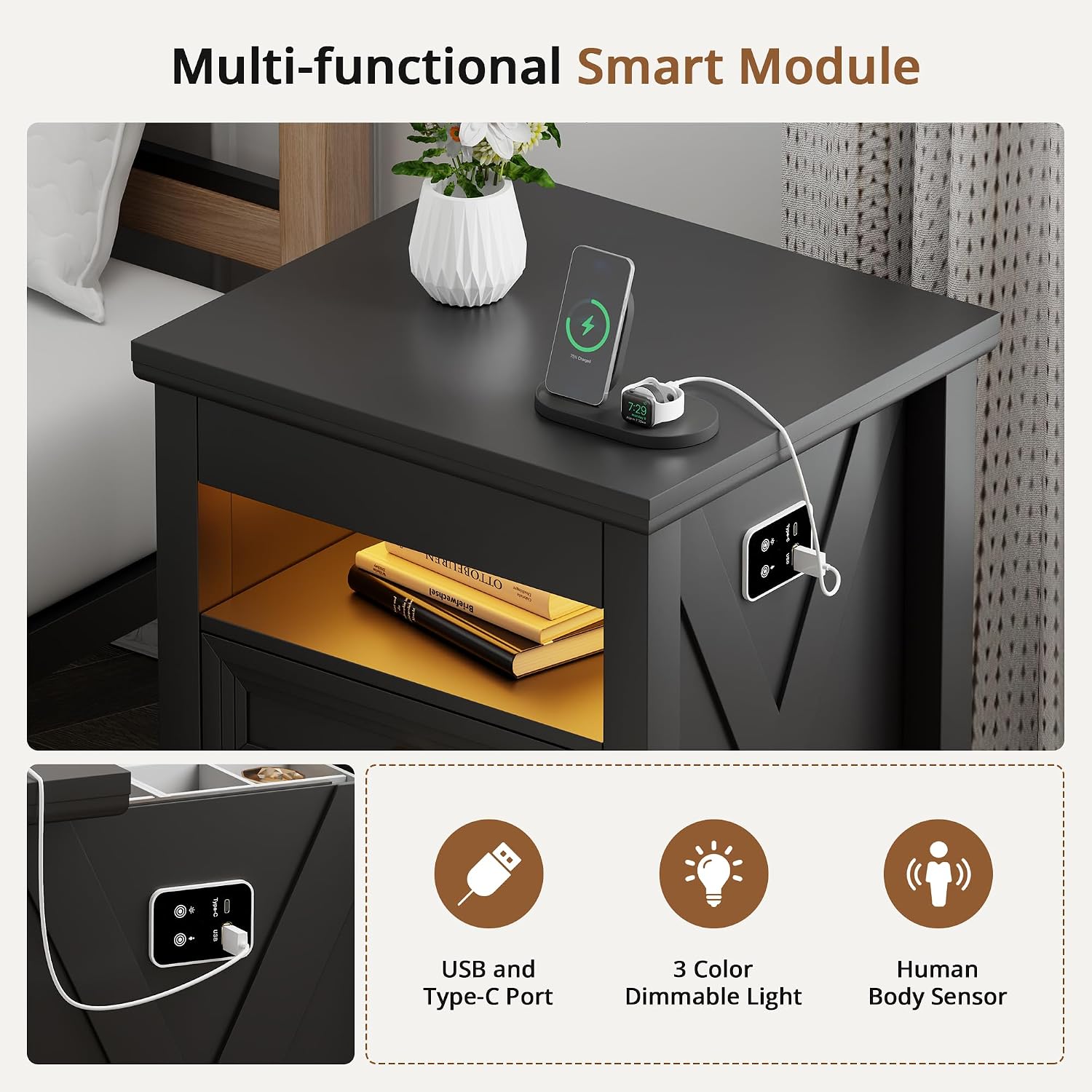 Farmhouse Nightstand with Lockable Hidden Drawer, Human Sensor LED Bedside Table with LED Lights & Charging Station, Rustic Wood Sofa Side End Table with 3 Drawers for Bedroom (Black)