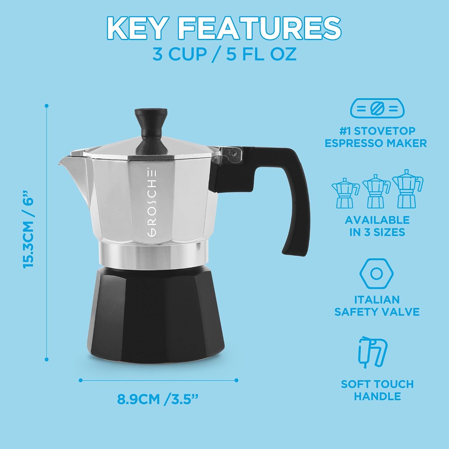 GROSCHE Milano Moka Pot | 9 Espresso Cup - 15.2 oz | Stovetop Espresso Percolator & Coffee Maker – Portable, Ideal for Home and Camping | Cuban Coffee Maker And Italian Moka Pot For Stovetop Espresso; For Gas, Electric, And Propane Stoves With A Soft-Tou…