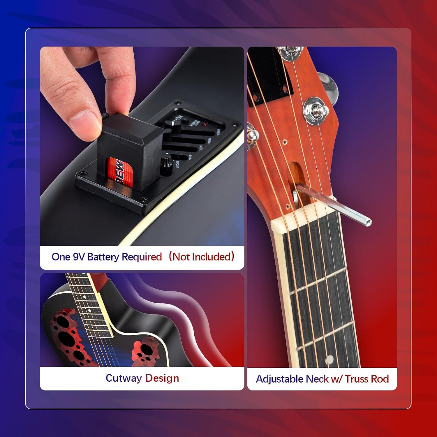 GLARRY 41in Acoustic Electric Guitar, Unique Round-back Design, 6 String Cutaway Guitar Beginner Kit with 15W Amp, EQ, Bag, Strap, Picks, Strings (Black With AMP, Full-Right Handed)