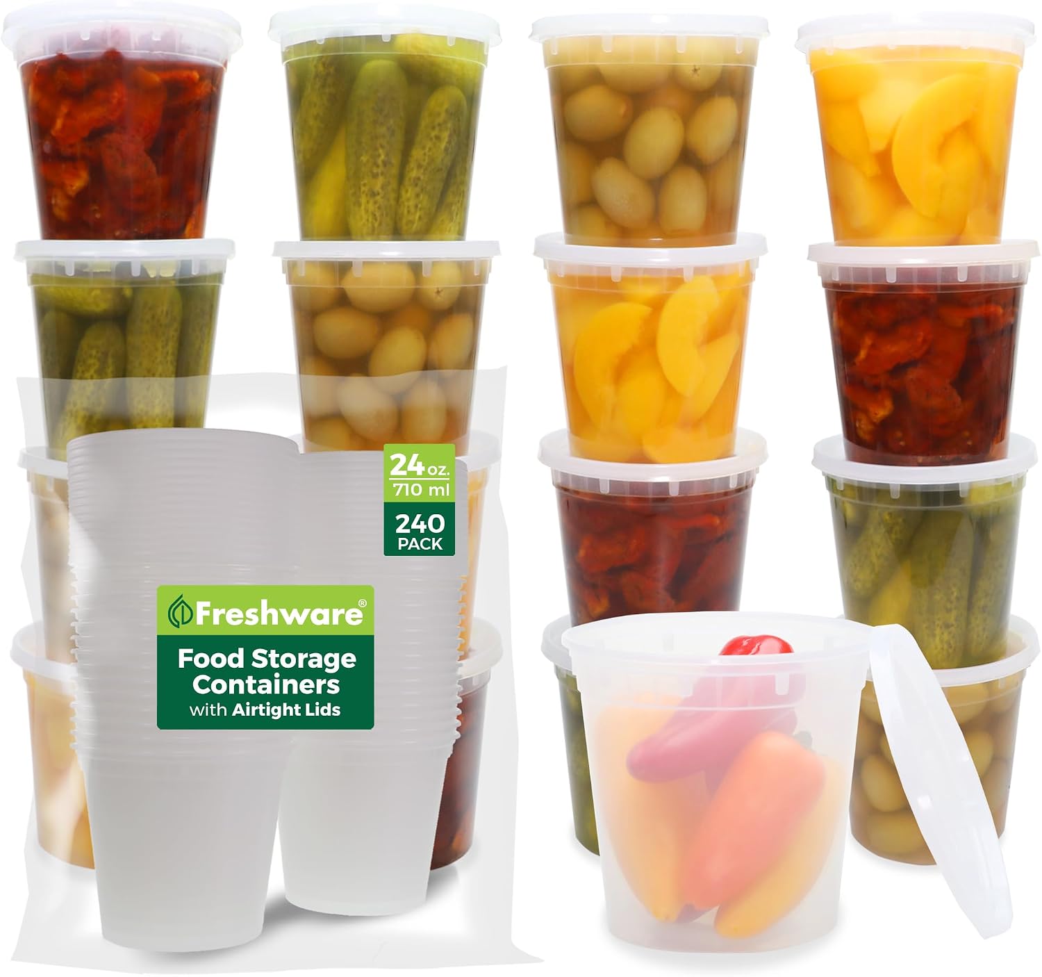 Freshware Food Storage Containers [24 Set] 32 oz Plastic Deli Containers with Lids, Slime, Soup, Meal Prep Containers | BPA Free | Stackable | Leakproof | Microwave/Dishwasher/Freezer Safe