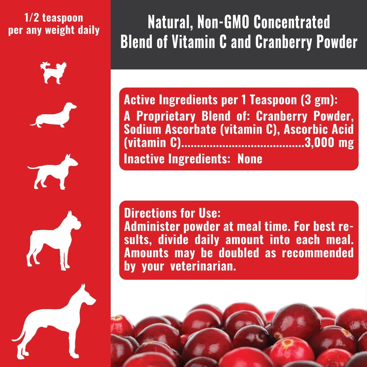 Dogzymes Cran Tri C Urinary Tract Support, Vitamin C Blend, 1418mg per Teaspoon (1 Pound)
